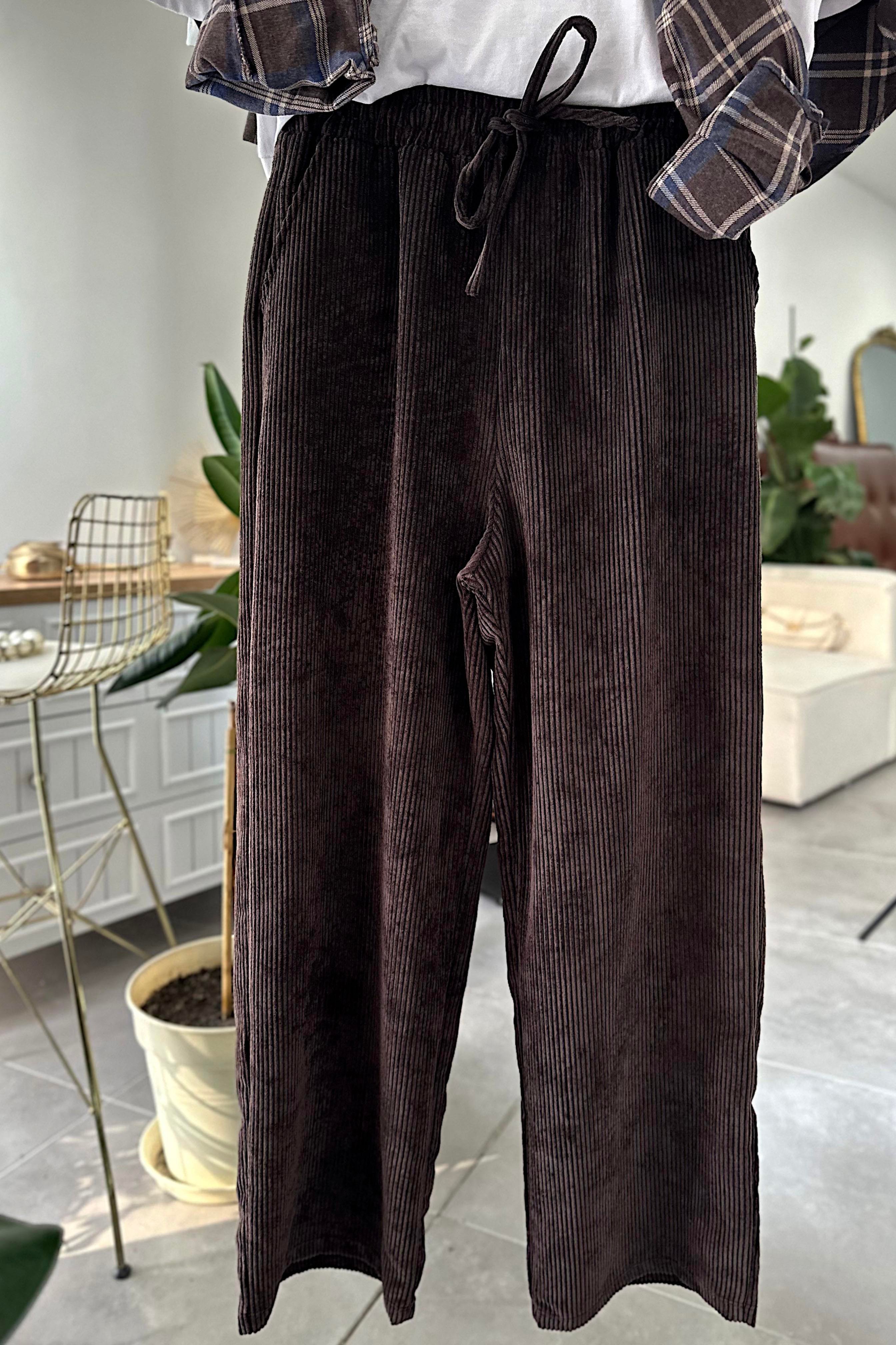 Kadife Beli Lastik Detaylı Palazzo Pantolon Acı Kahve