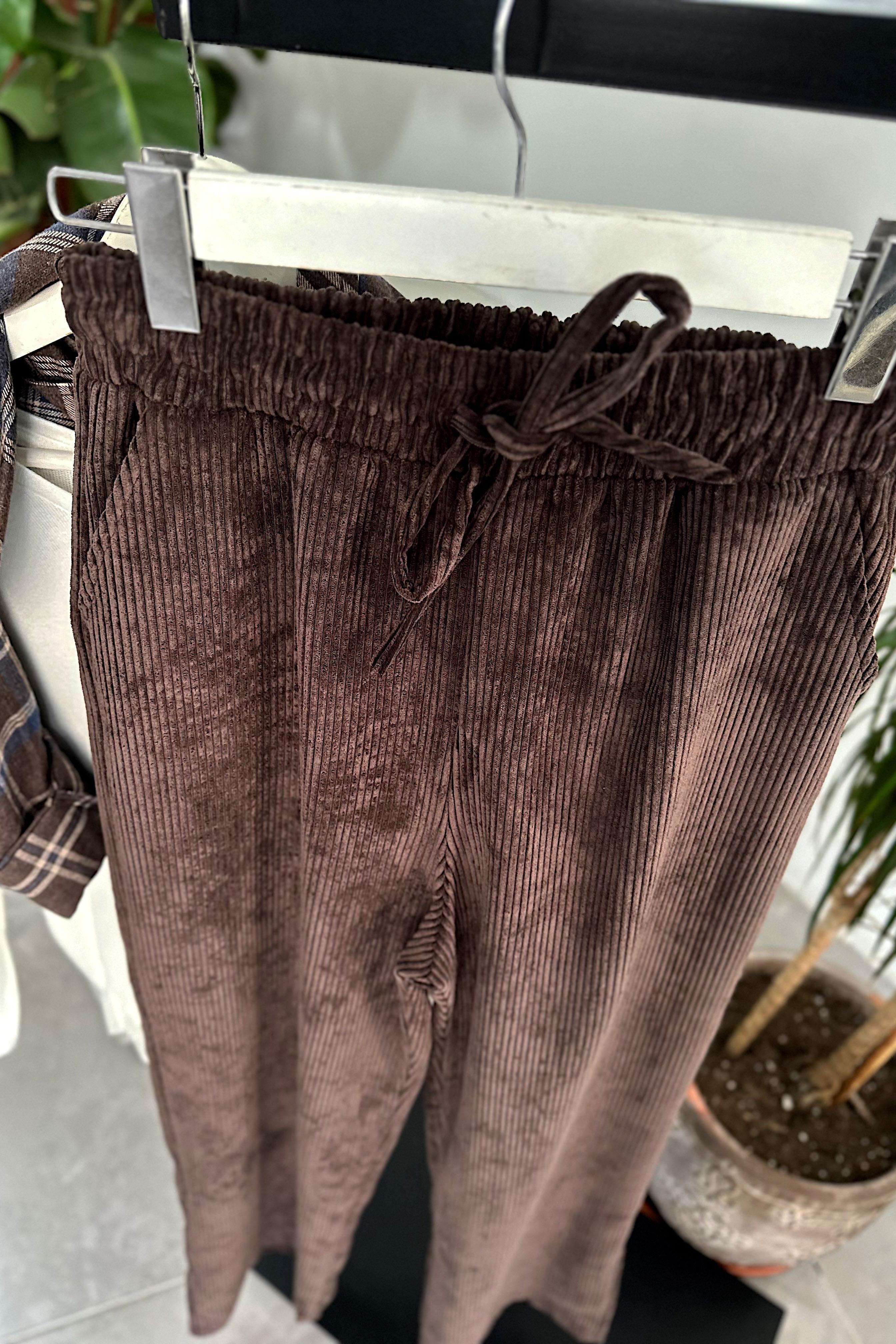 Kadife Beli Lastik Detaylı Palazzo Pantolon Acı Kahve