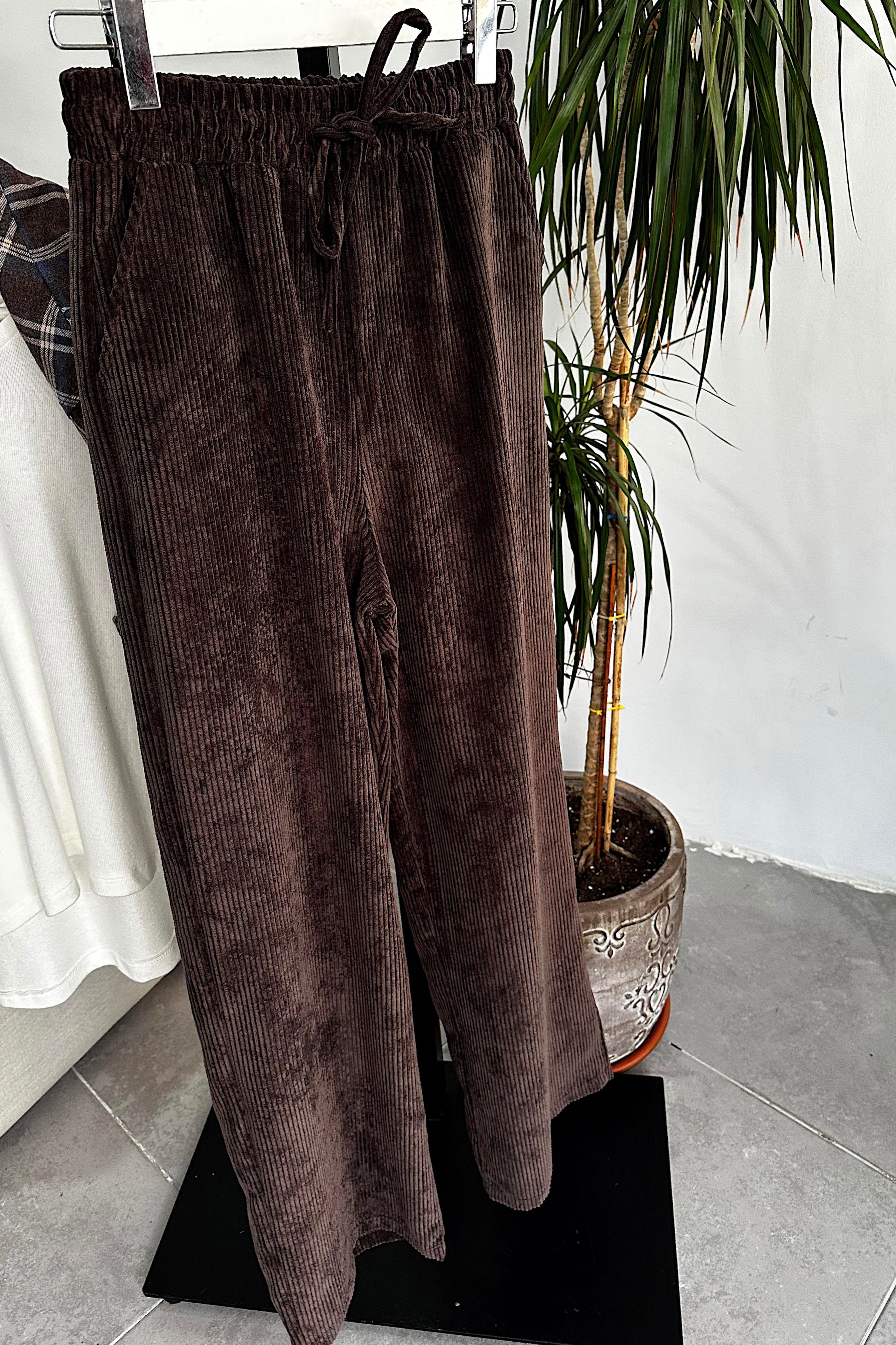 Kadife Beli Lastik Detaylı Palazzo Pantolon Acı Kahve