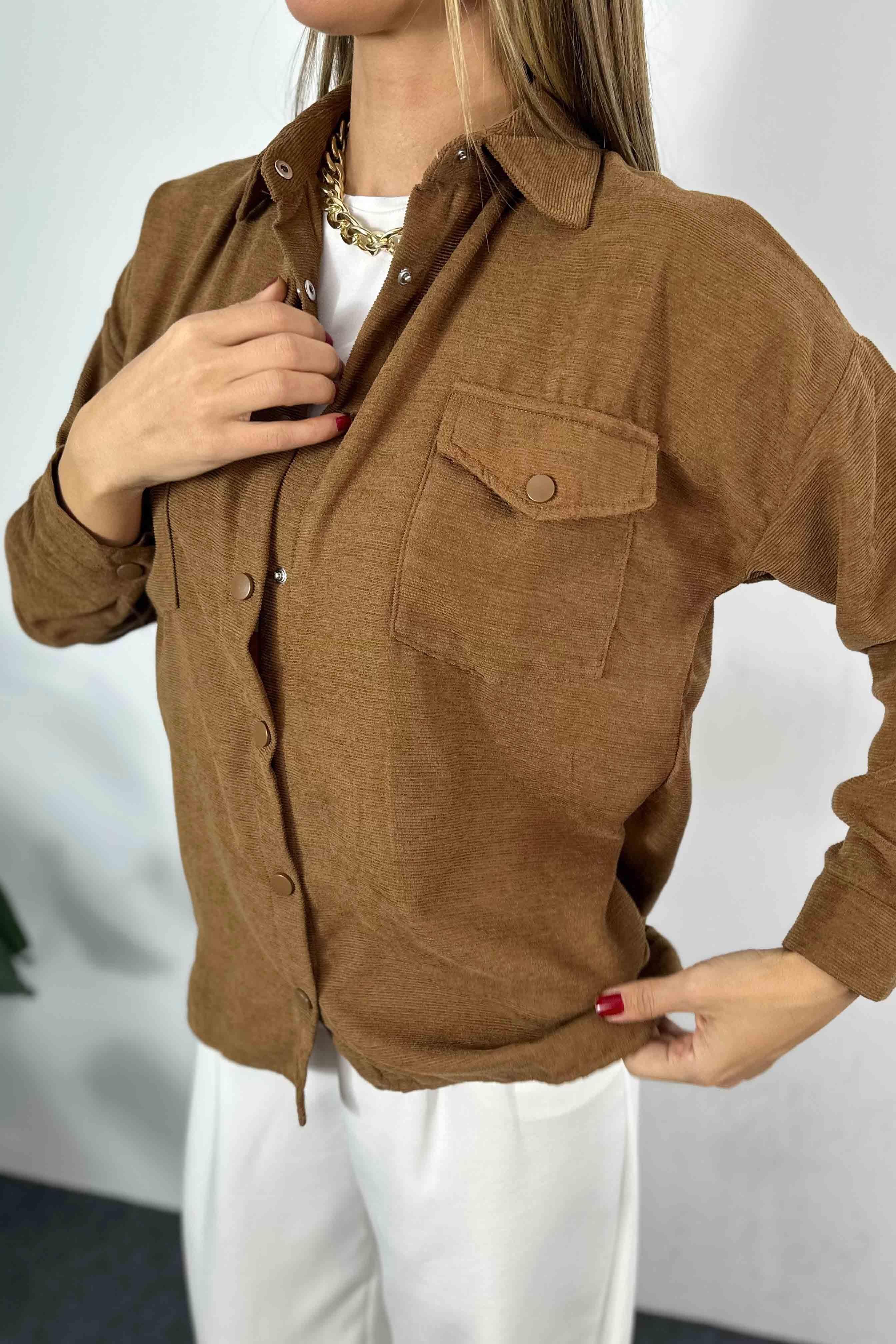 Kadife Kumaş Oversize Kadın Gömlek Acı Kahve