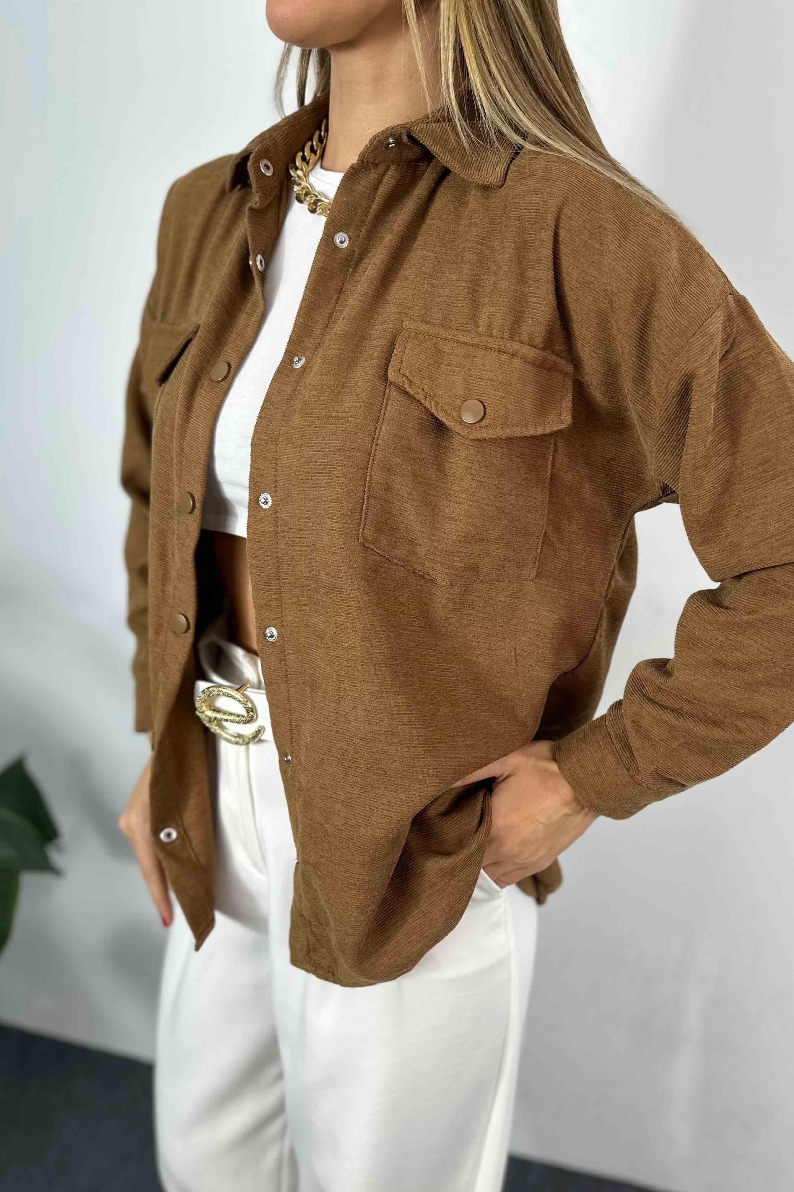 Kadife Kumaş Oversize Kadın Gömlek Acı Kahve