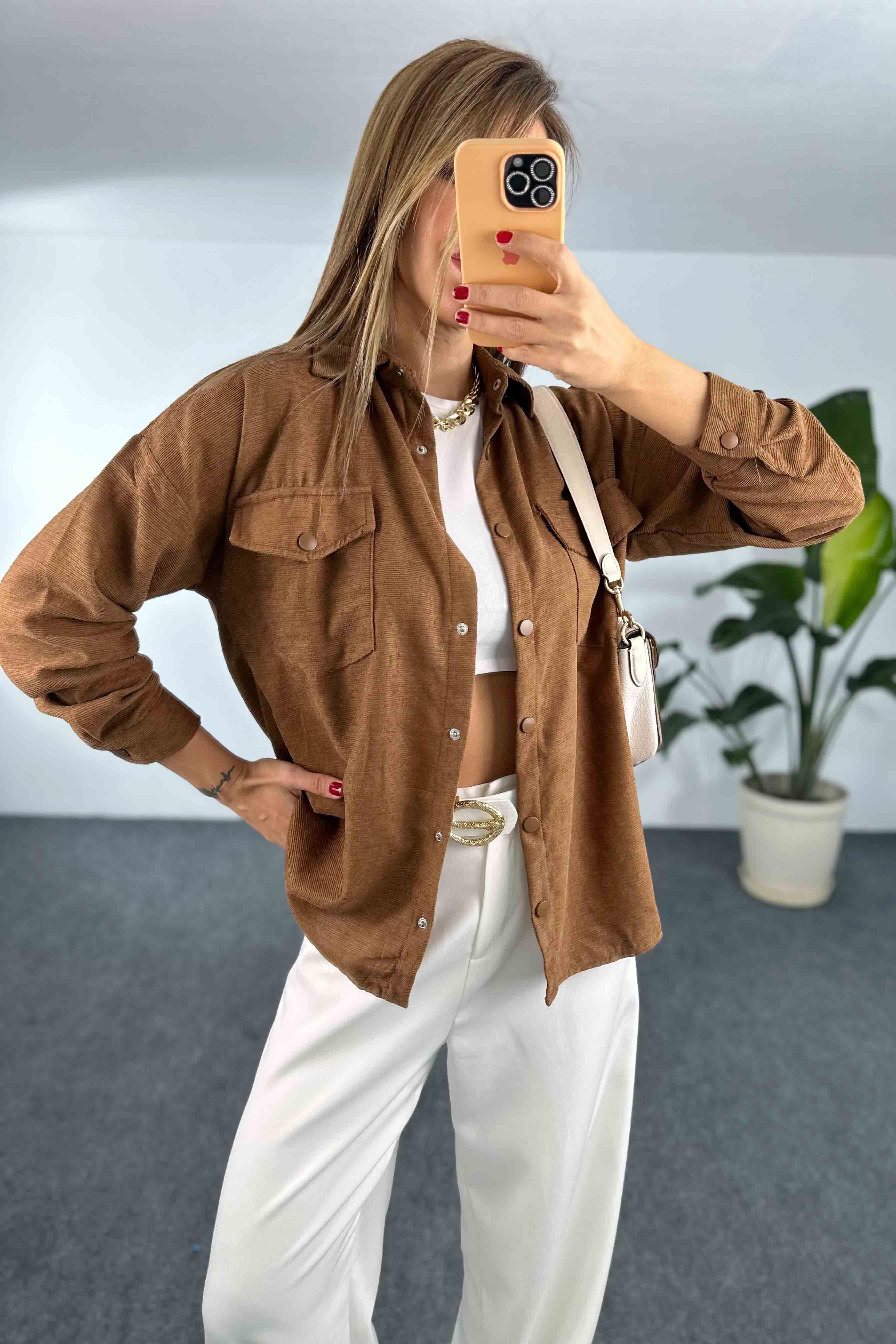 Kadife Kumaş Oversize Kadın Gömlek Acı Kahve