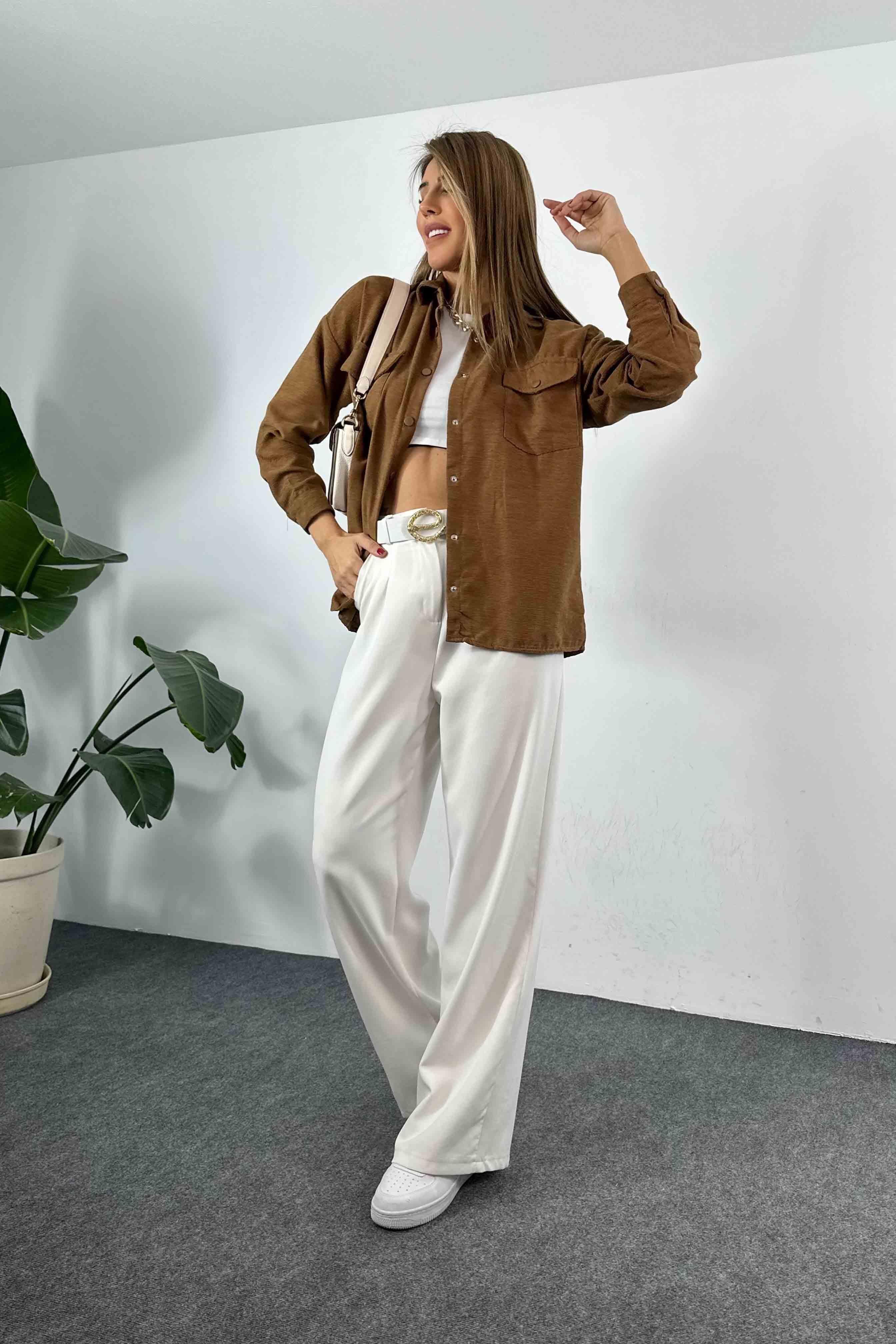 Kadife Kumaş Oversize Kadın Gömlek Acı Kahve
