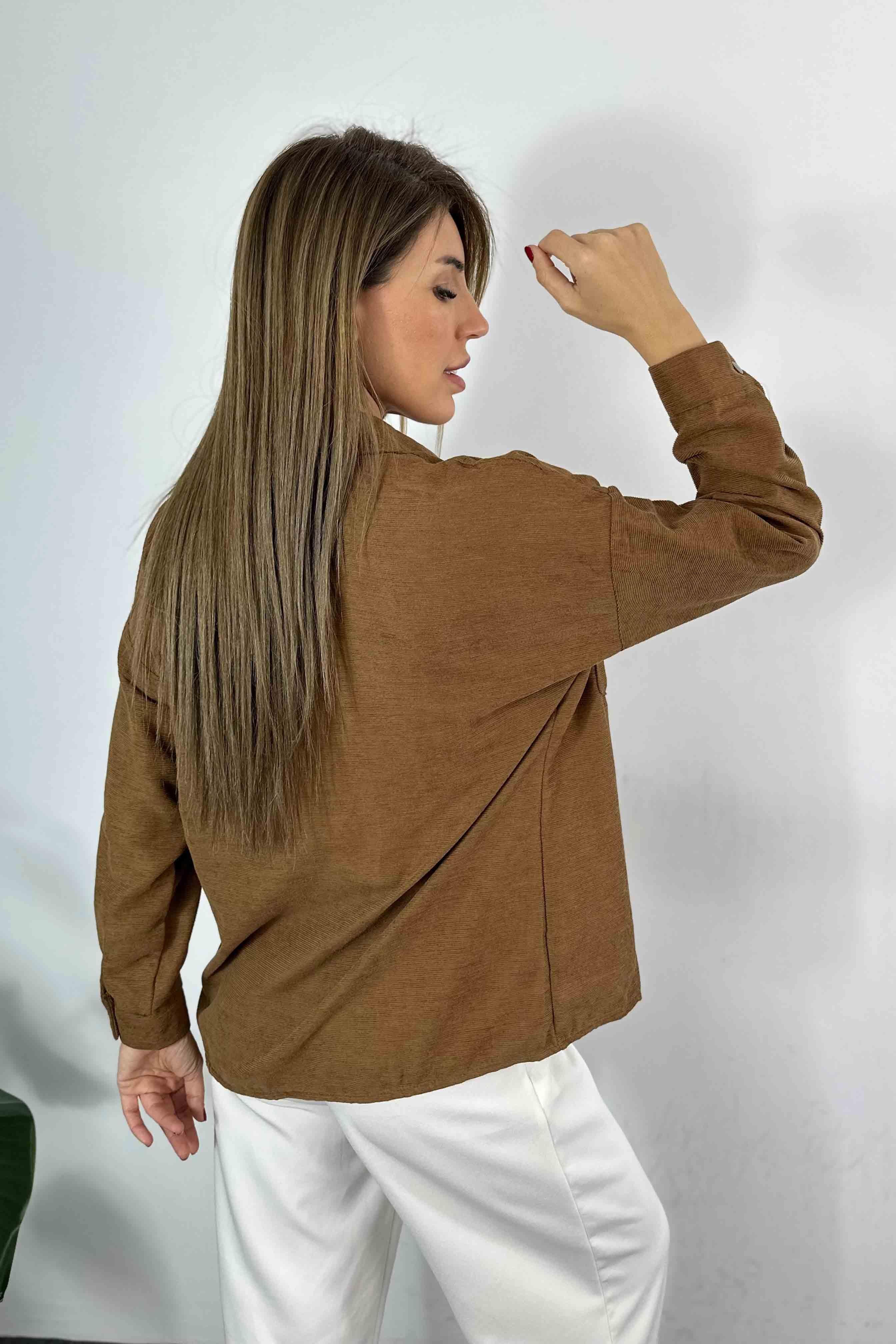Kadife Kumaş Oversize Kadın Gömlek Acı Kahve