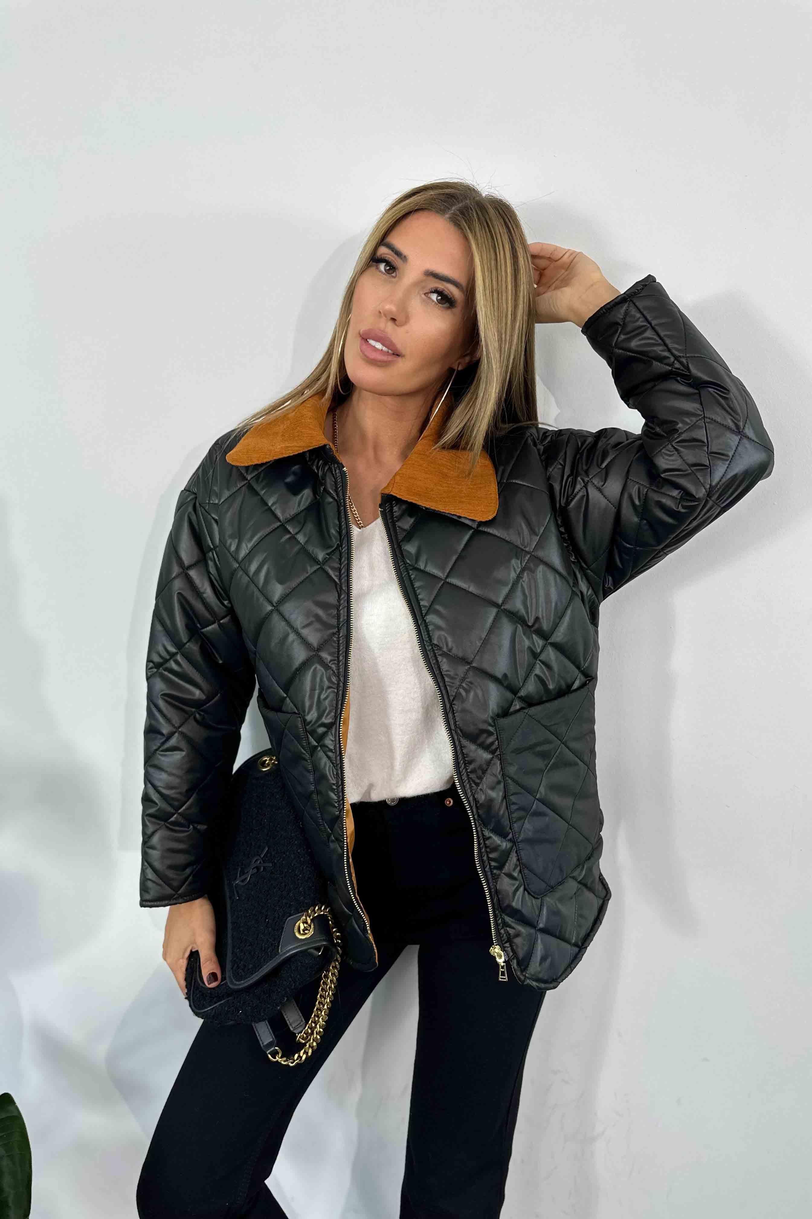Kadife Yaka Detaylı Kapitone Kadın Mont Siyah
