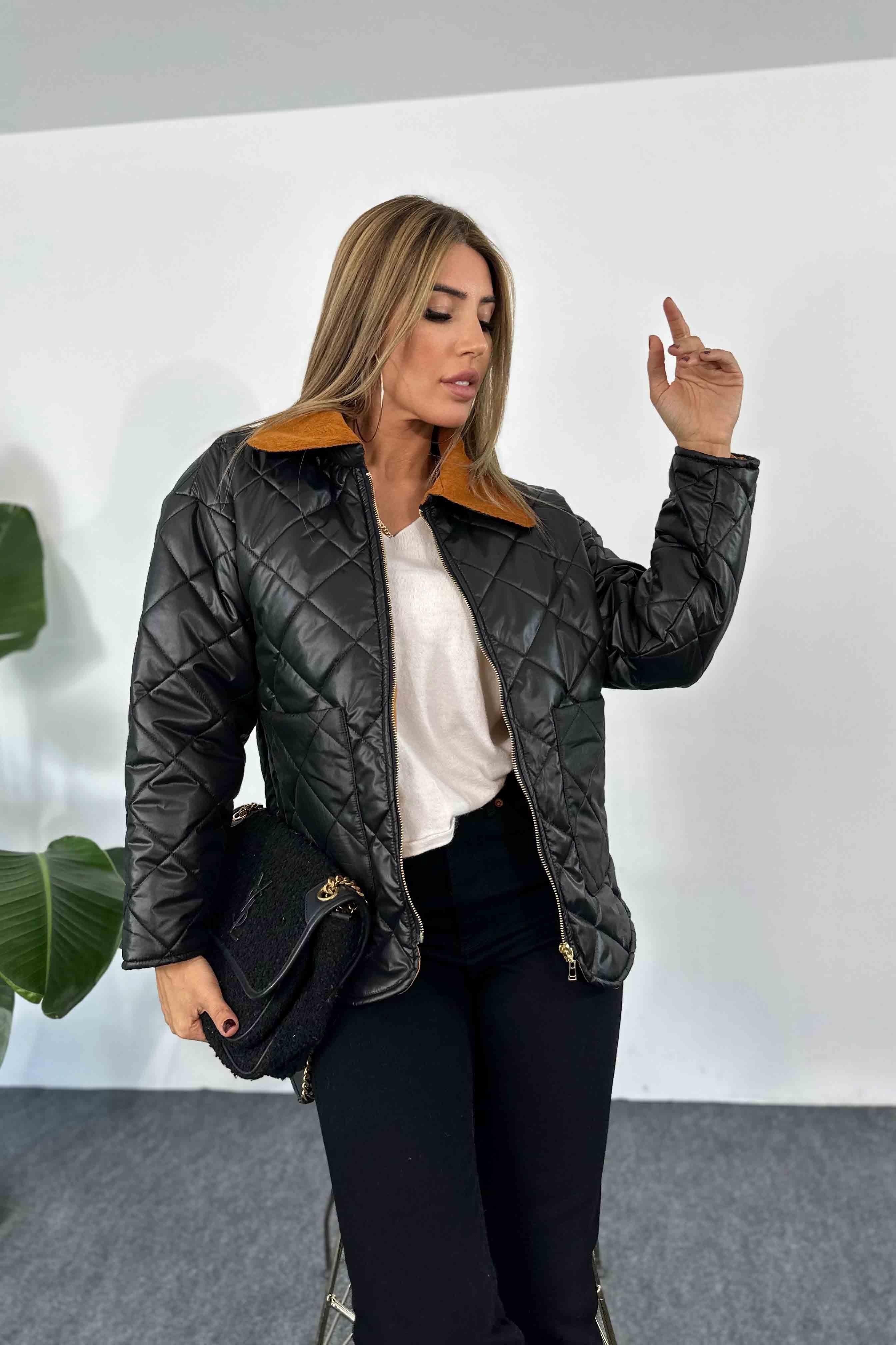 Kadife Yaka Detaylı Kapitone Kadın Mont Siyah