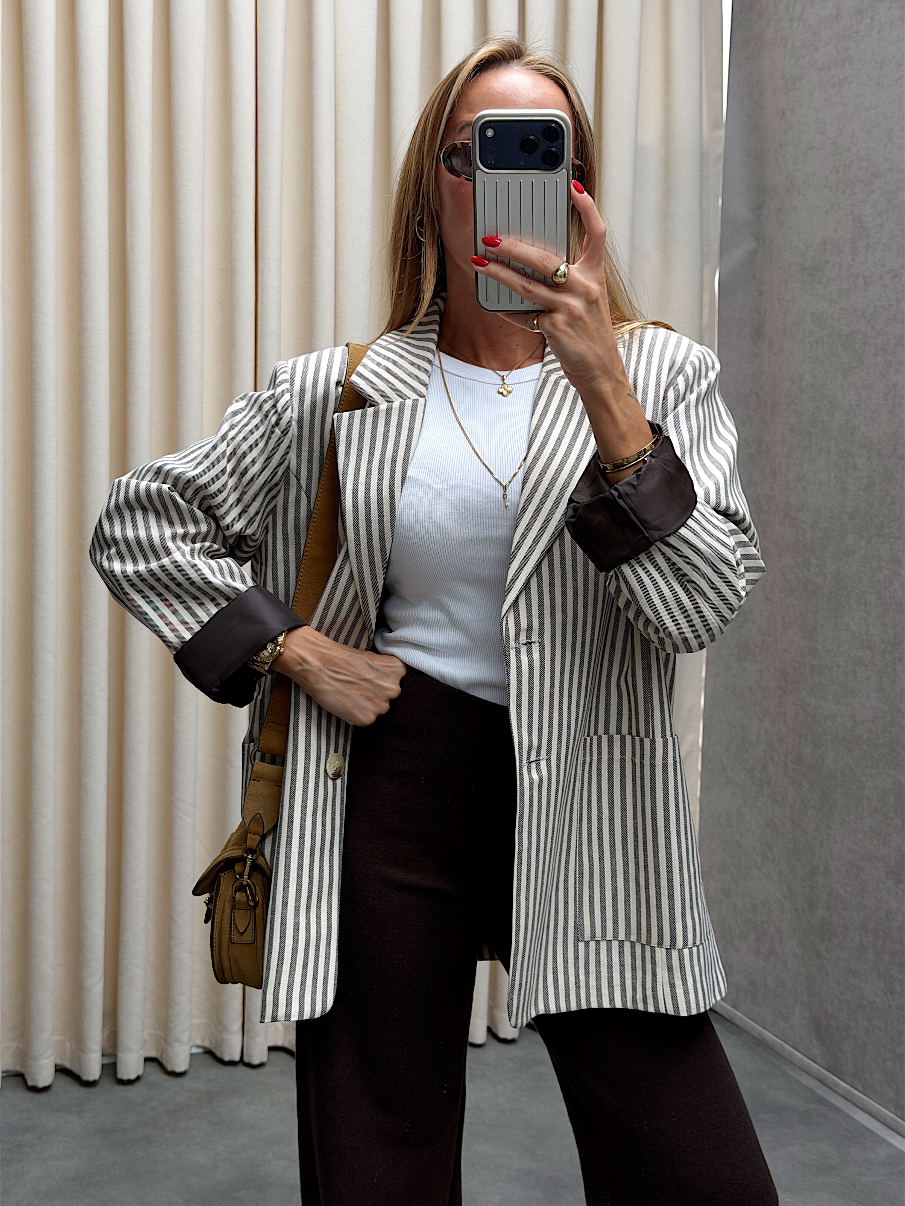 Kahve Saten Astarlı Çizgili Blazer 