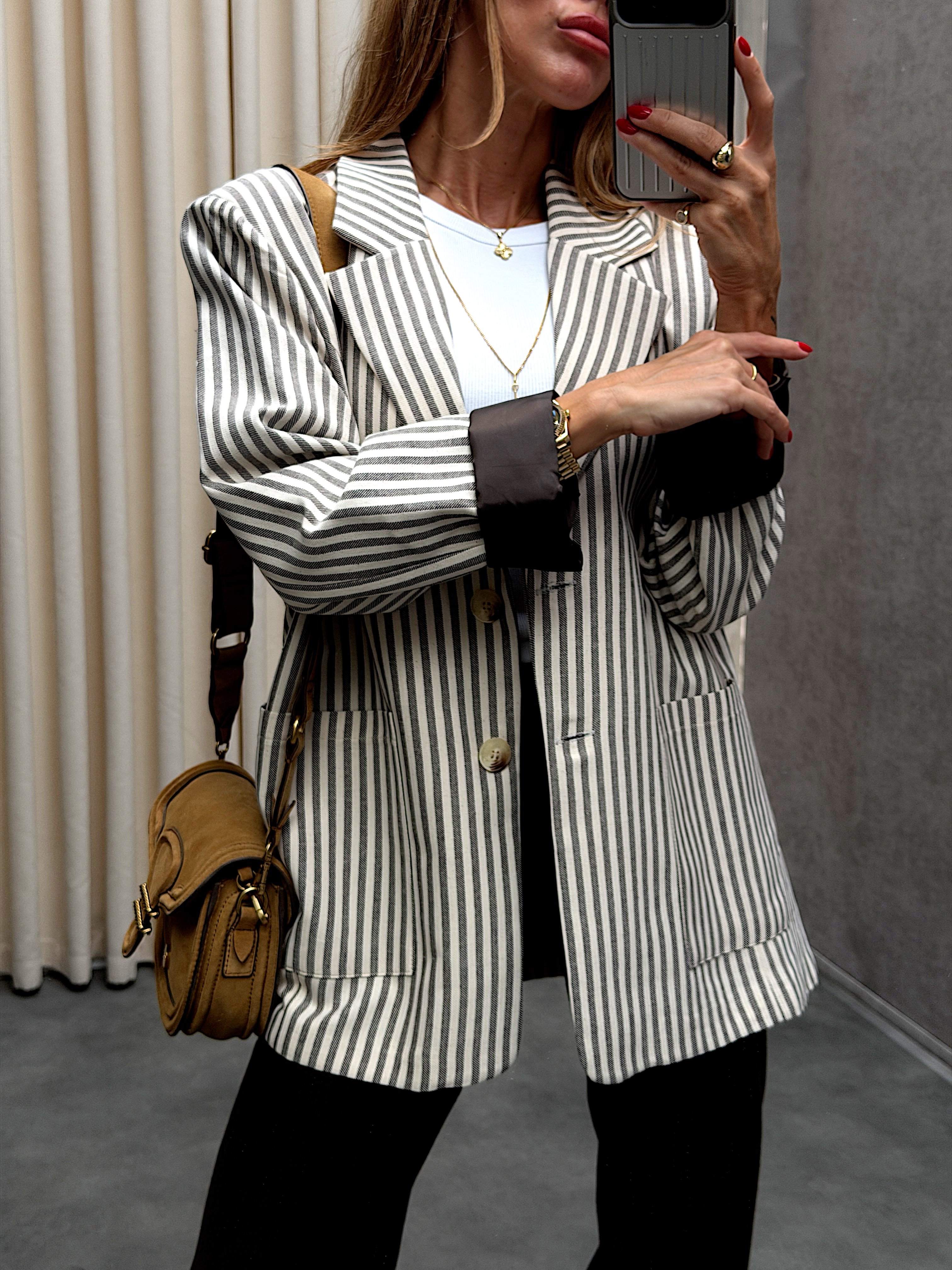 Kahve Saten Astarlı Çizgili Blazer 