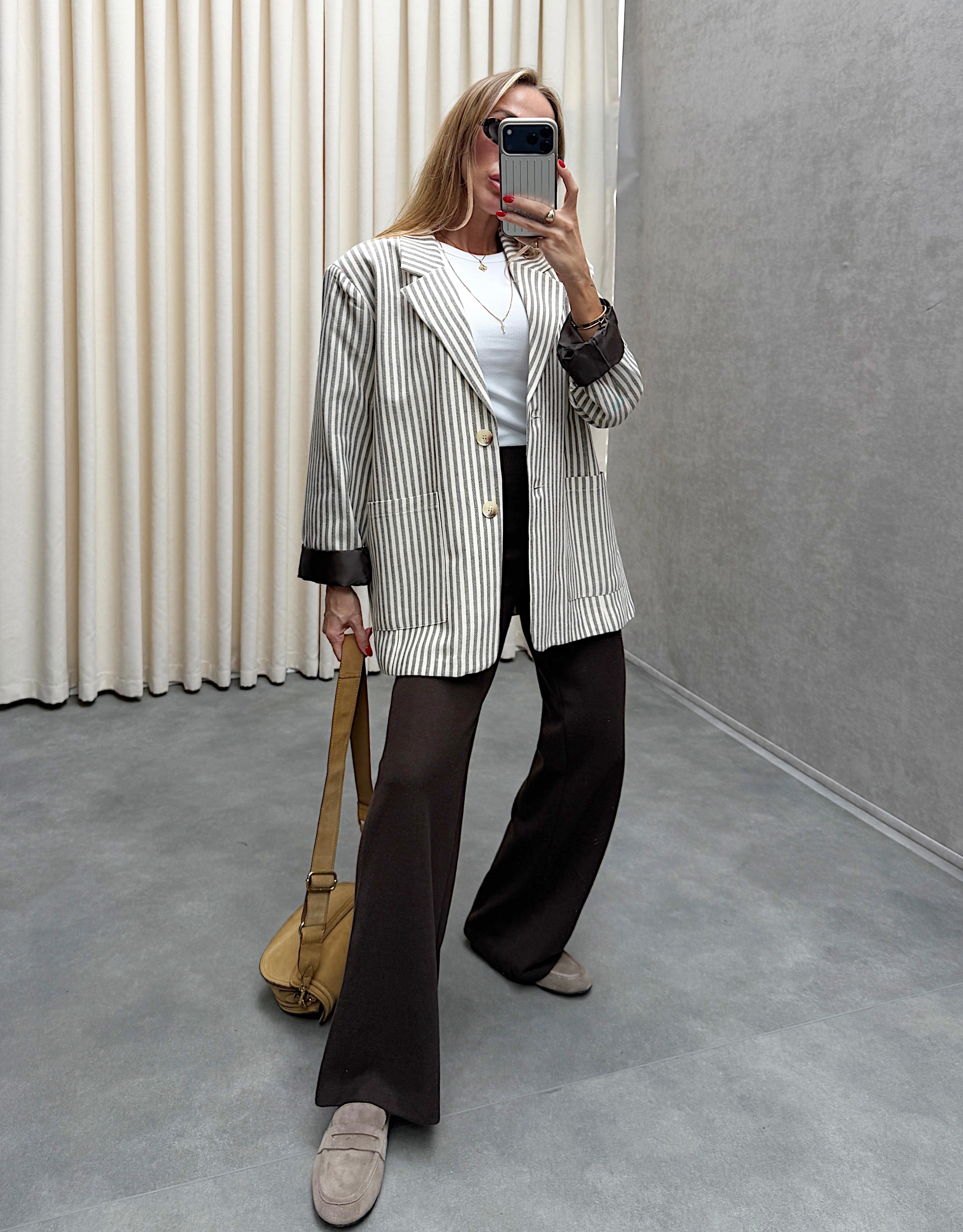 Kahve Saten Astarlı Çizgili Blazer 