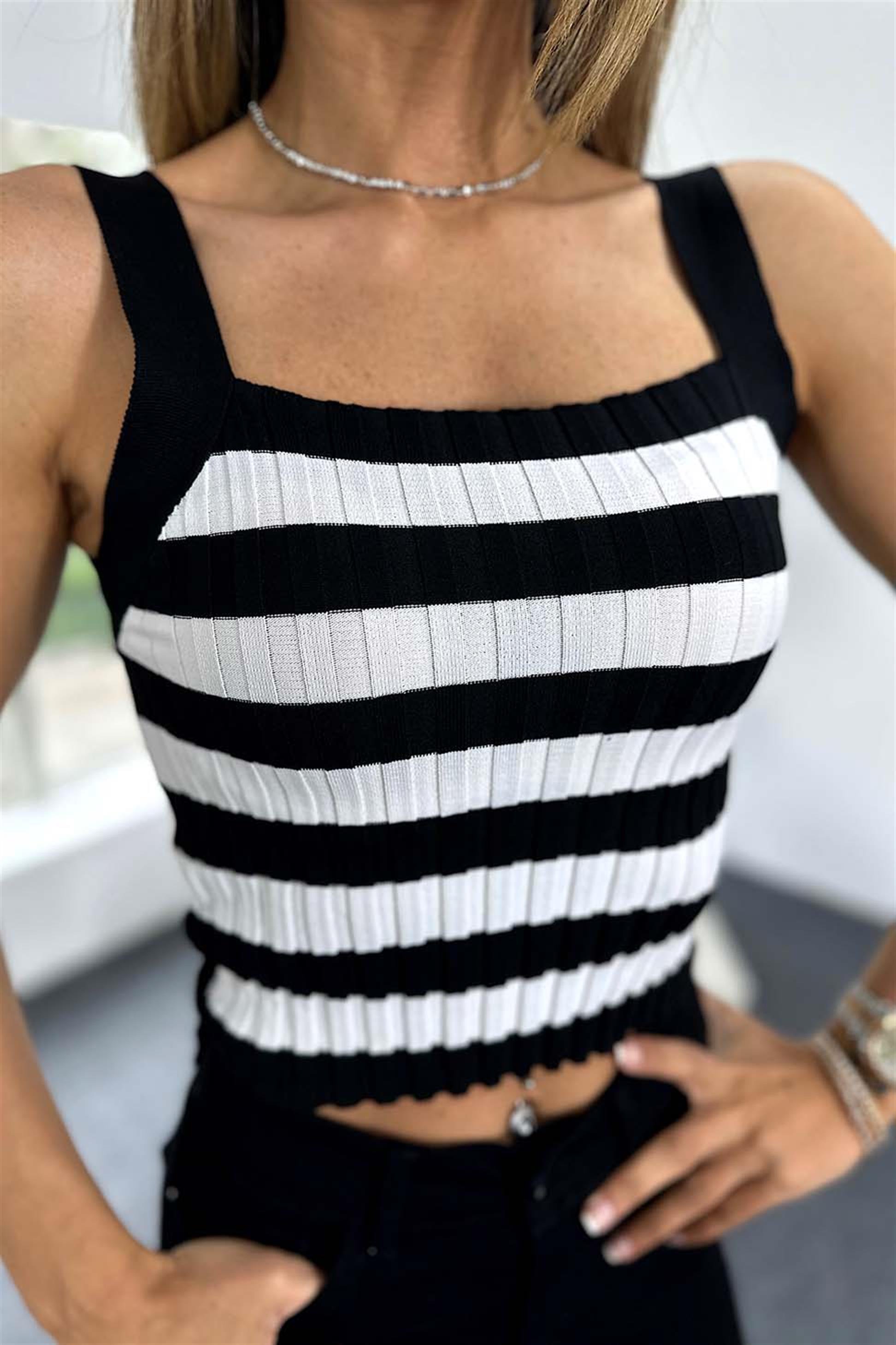Kalın Askılı Çizgili Triko Top Siyah