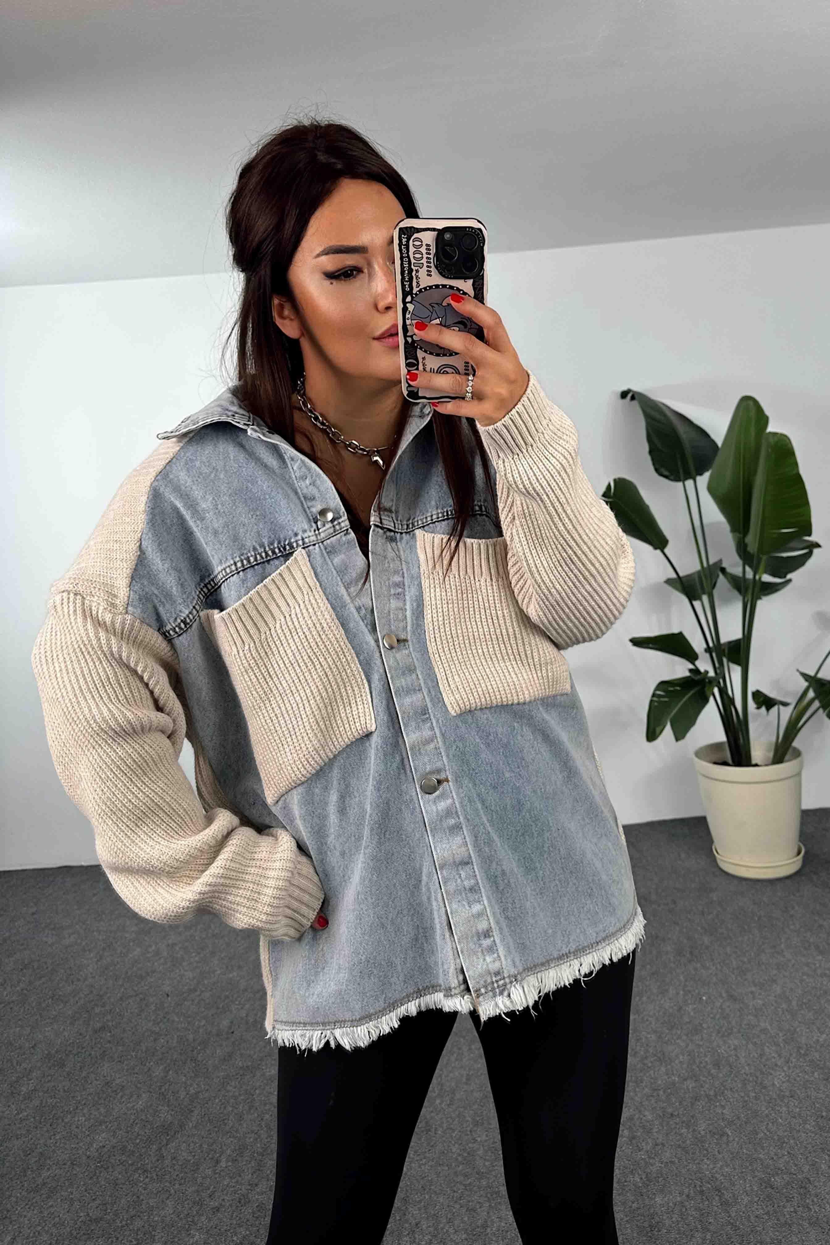 Kalın Örme Denim Detaylı Hırka Taş
