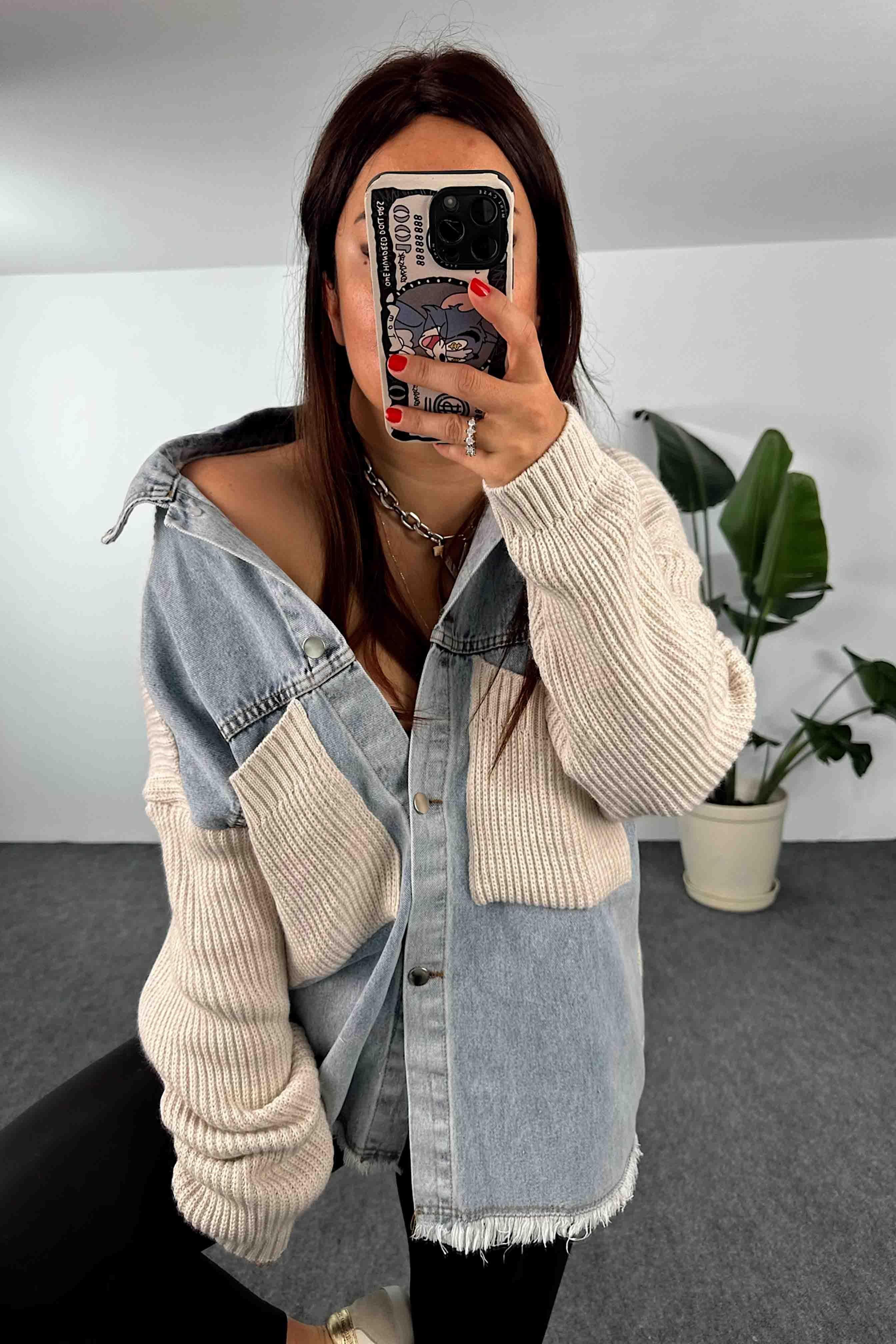 Kalın Örme Denim Detaylı Hırka Taş