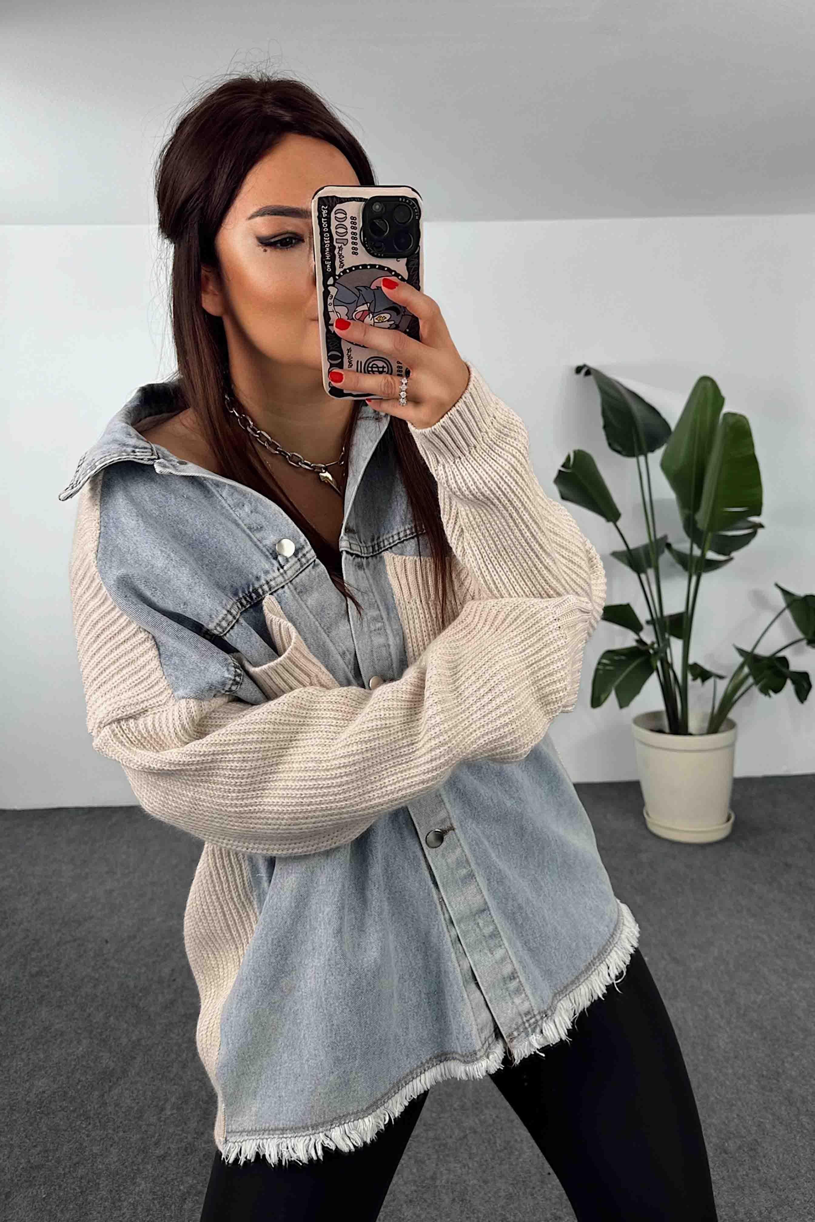 Kalın Örme Denim Detaylı Hırka Taş