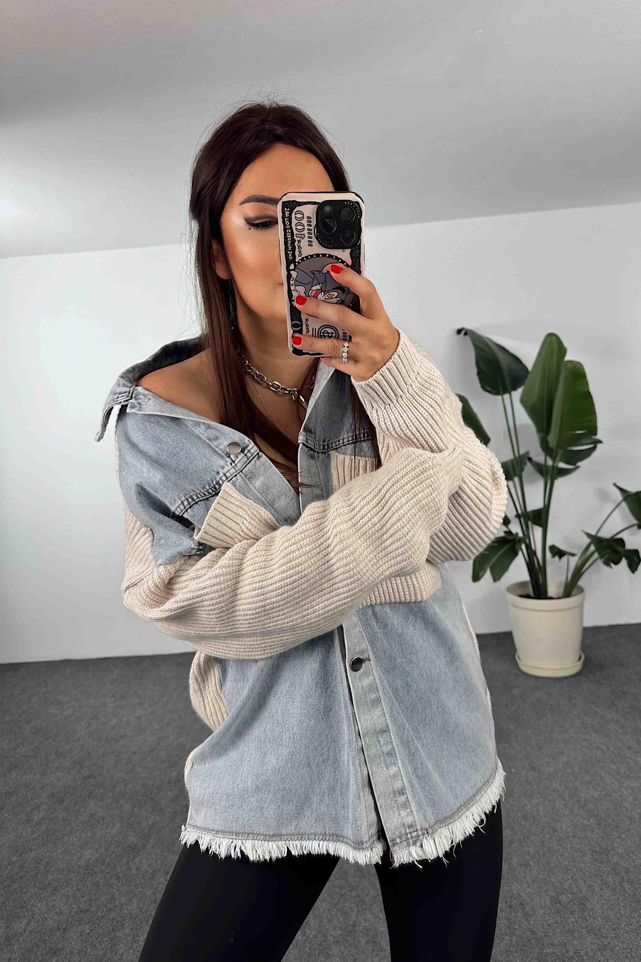 Kalın Örme Denim Detaylı Hırka Taş