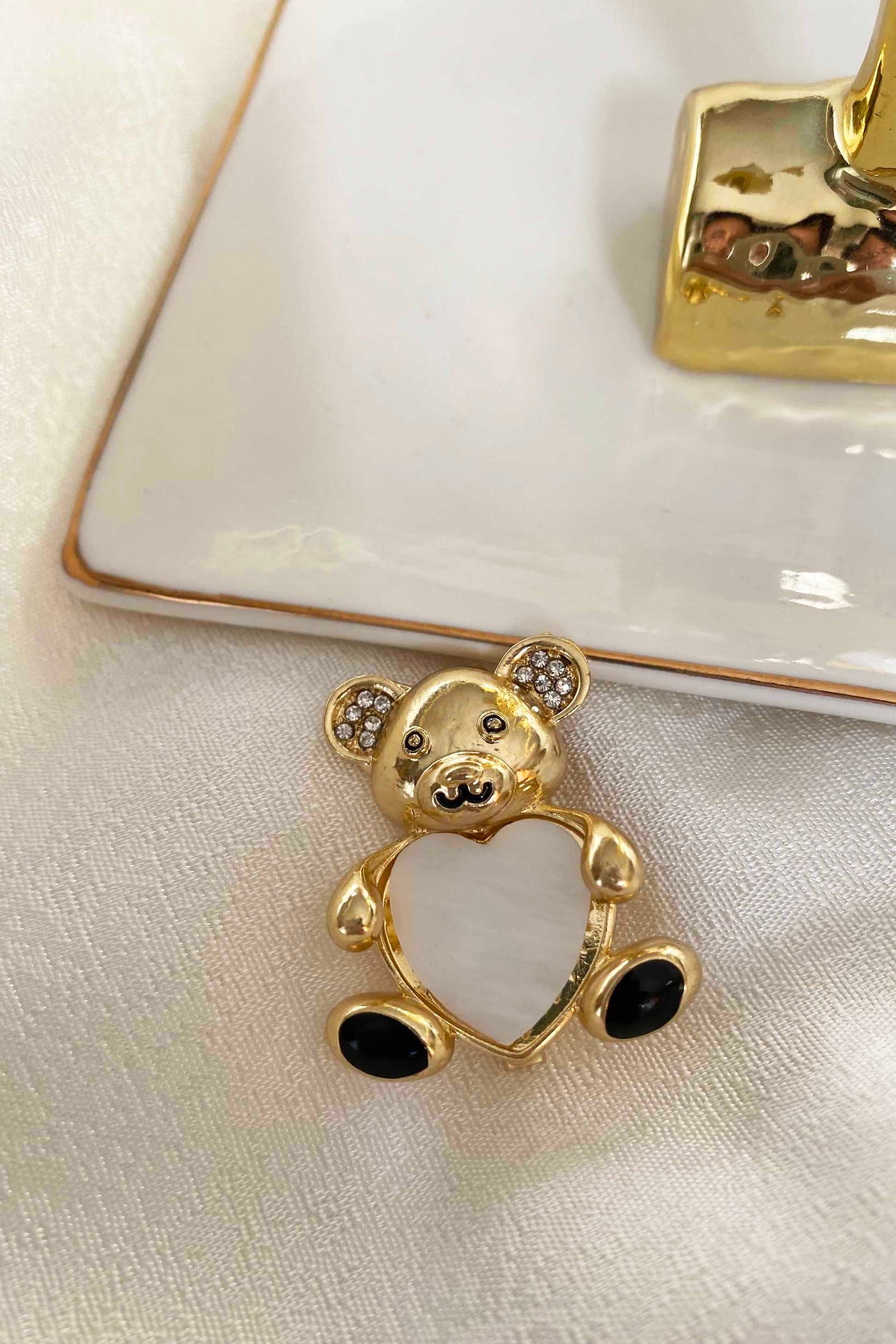 Kalp Resimlik Gold Teddy Broş