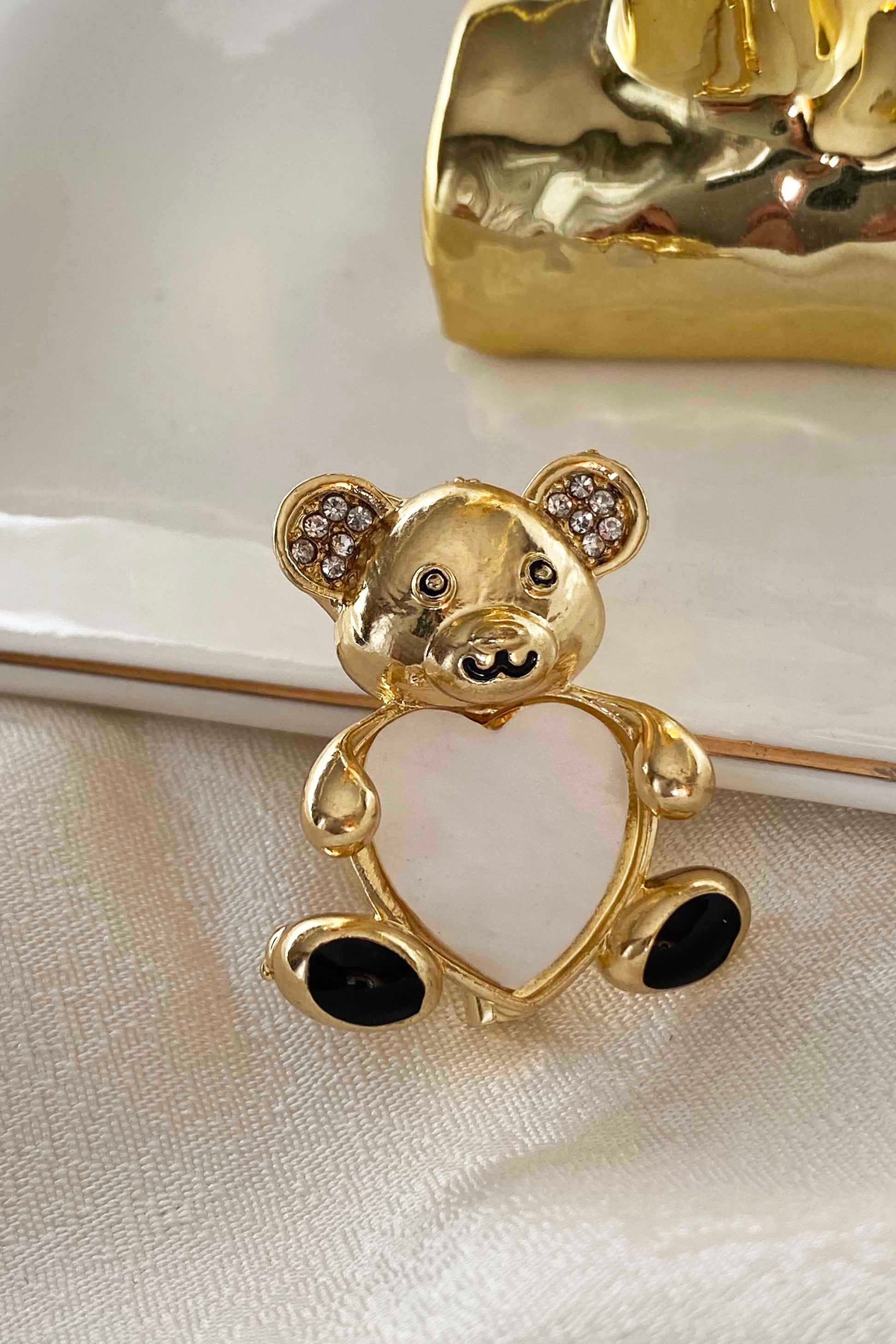 Kalp Resimlik Gold Teddy Broş