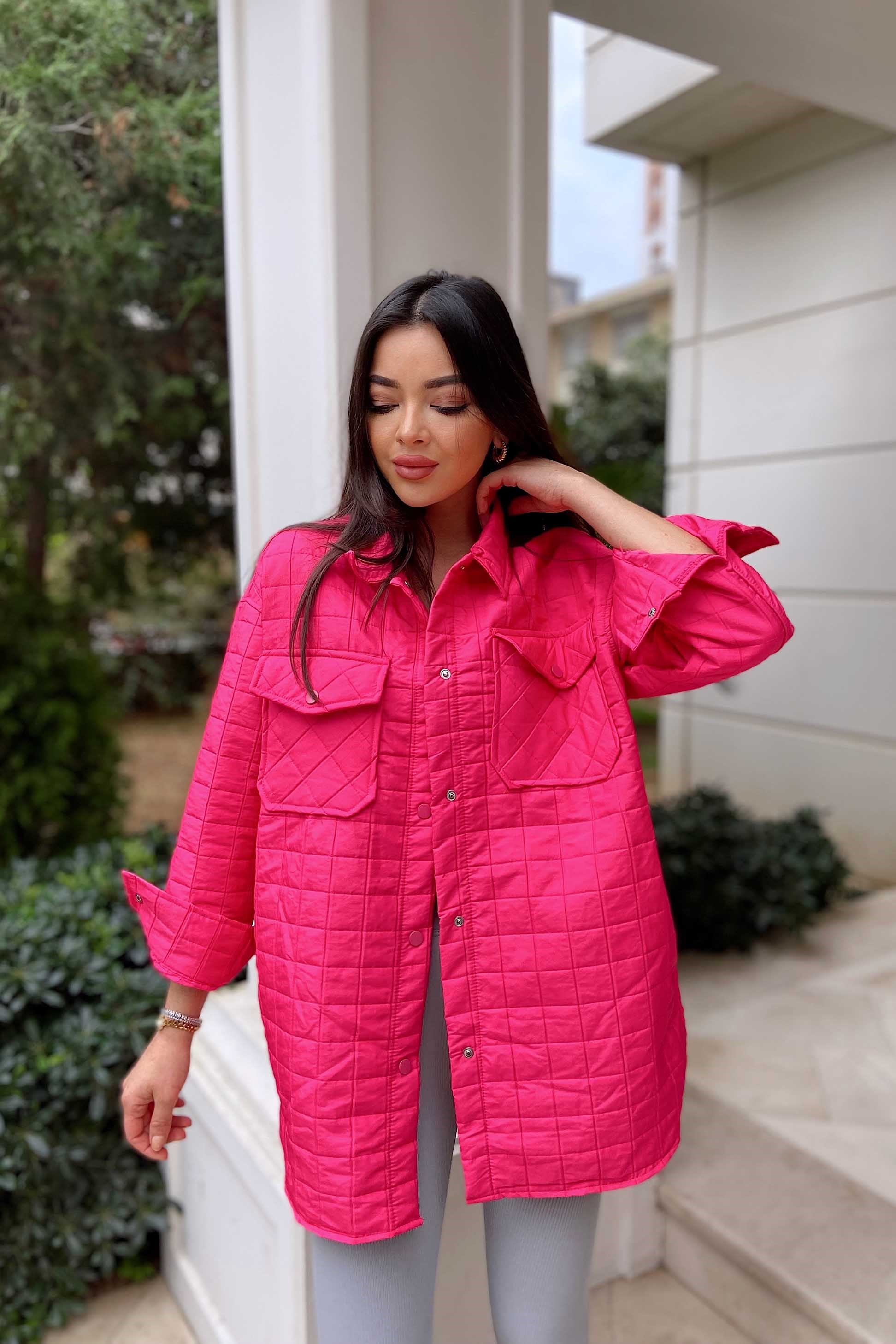 Kapitone Çıtçıtlı İnce Kadın Kaban Pembe