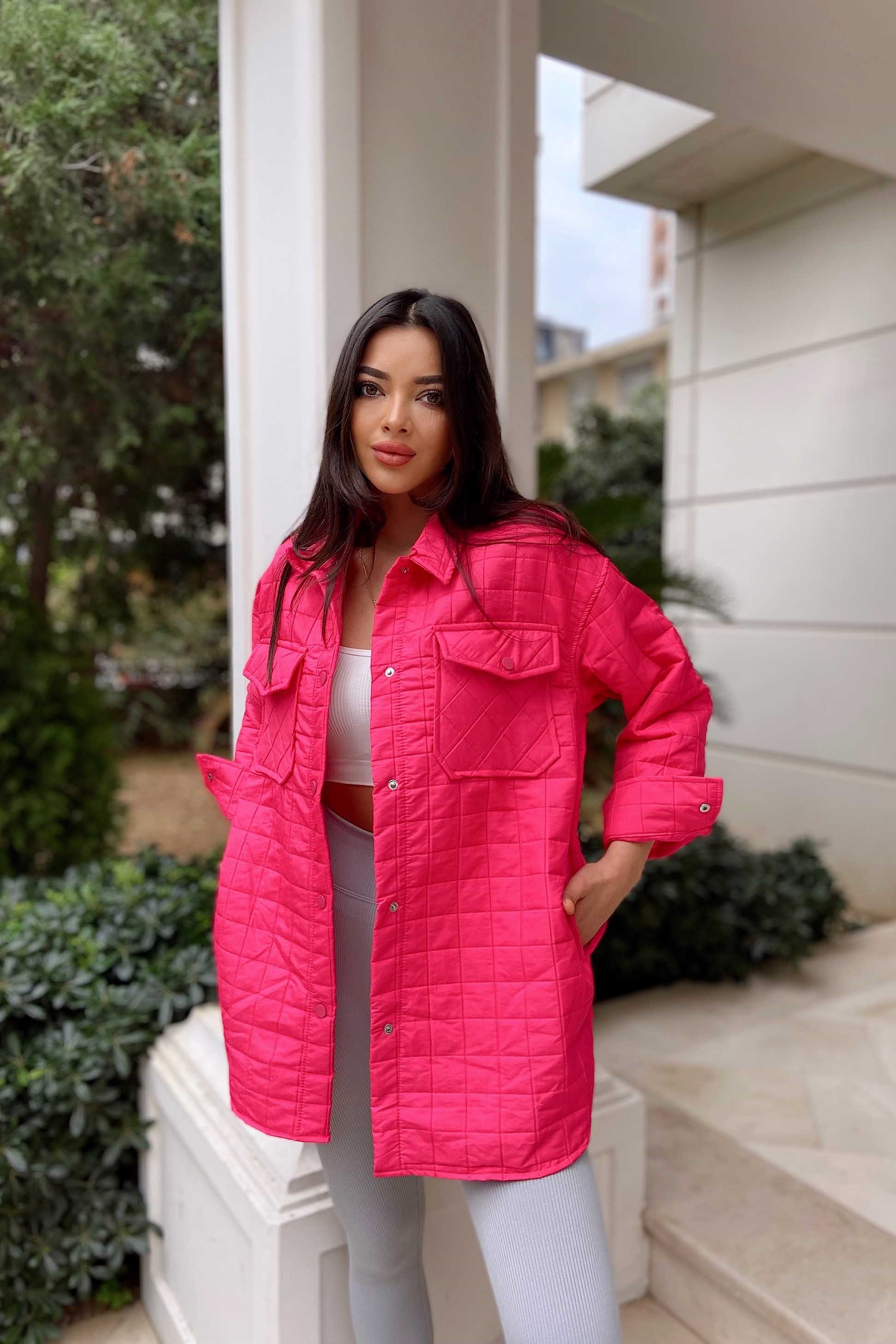 Kapitone Çıtçıtlı İnce Kadın Kaban Pembe