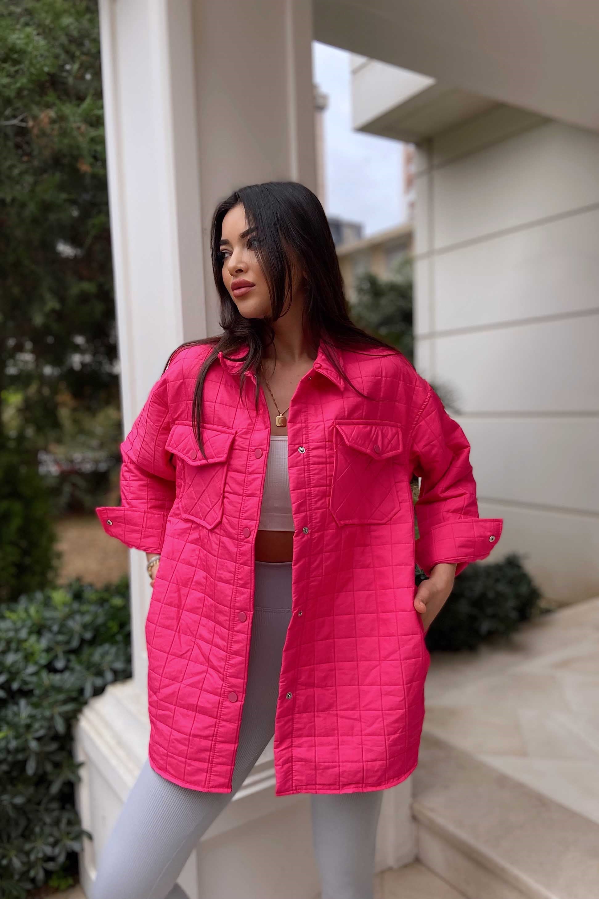 Kapitone Çıtçıtlı İnce Kadın Kaban Pembe