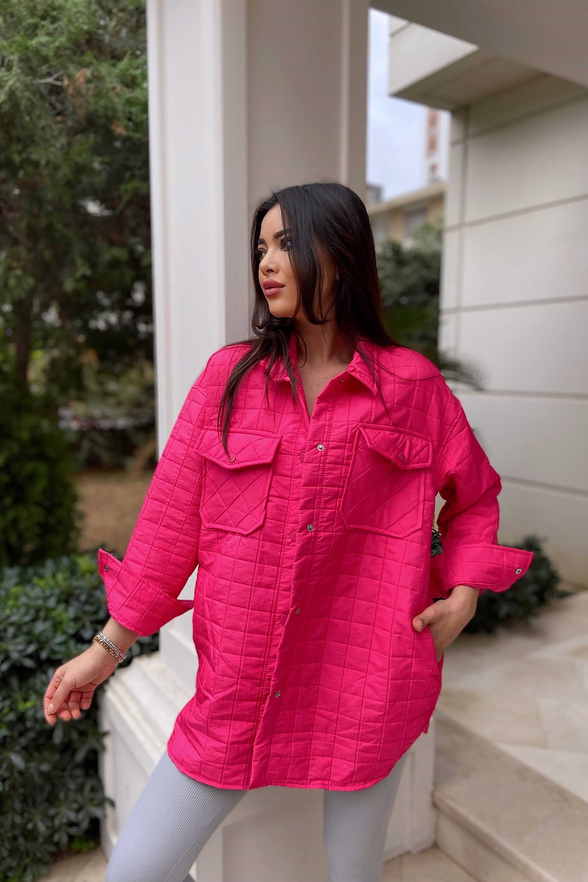 Kapitone Çıtçıtlı İnce Kadın Kaban Pembe
