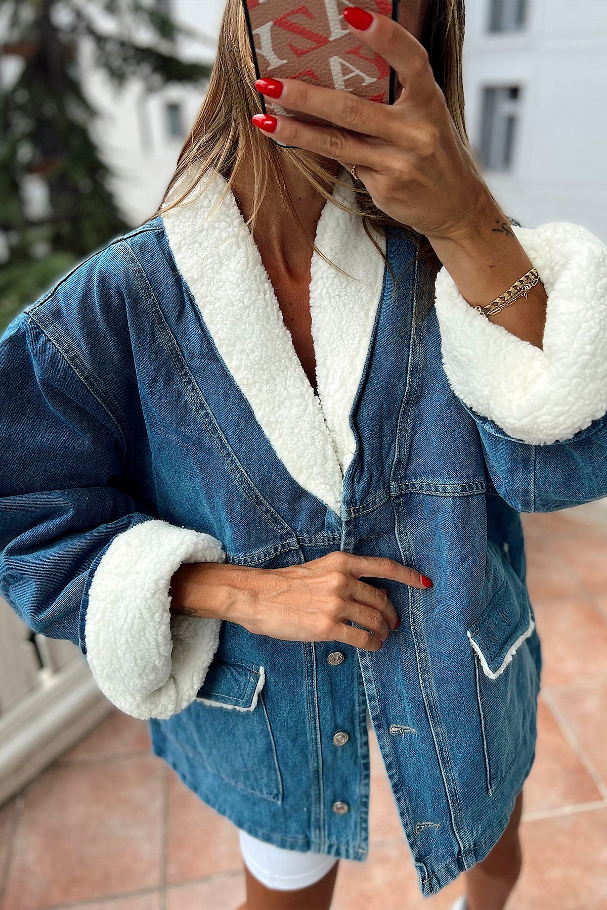 Kapitone İçli Yün Yaka Denim Ceket Mavi