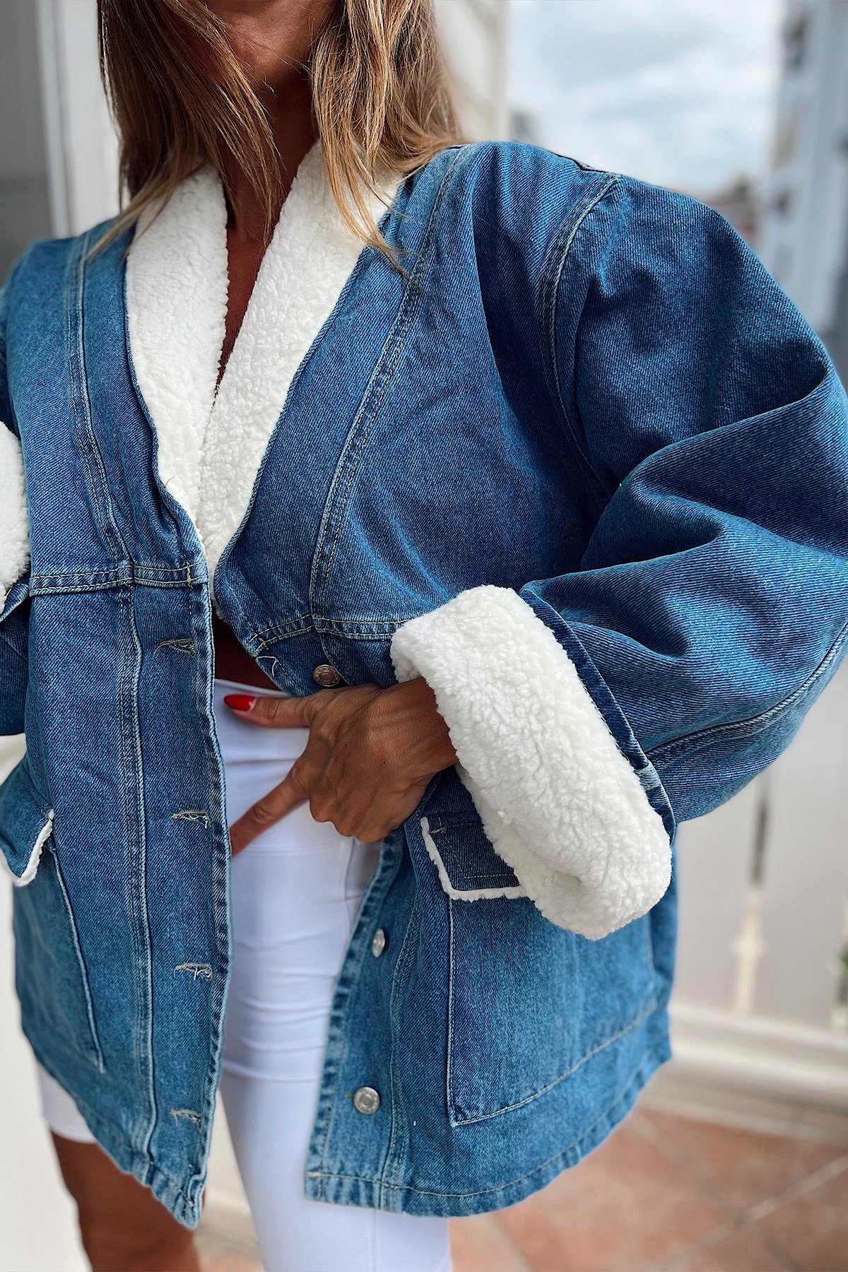 Kapitone İçli Yün Yaka Denim Ceket Mavi