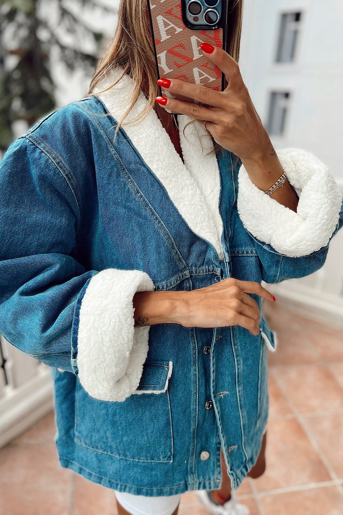 Kapitone İçli Yün Yaka Denim Ceket Mavi