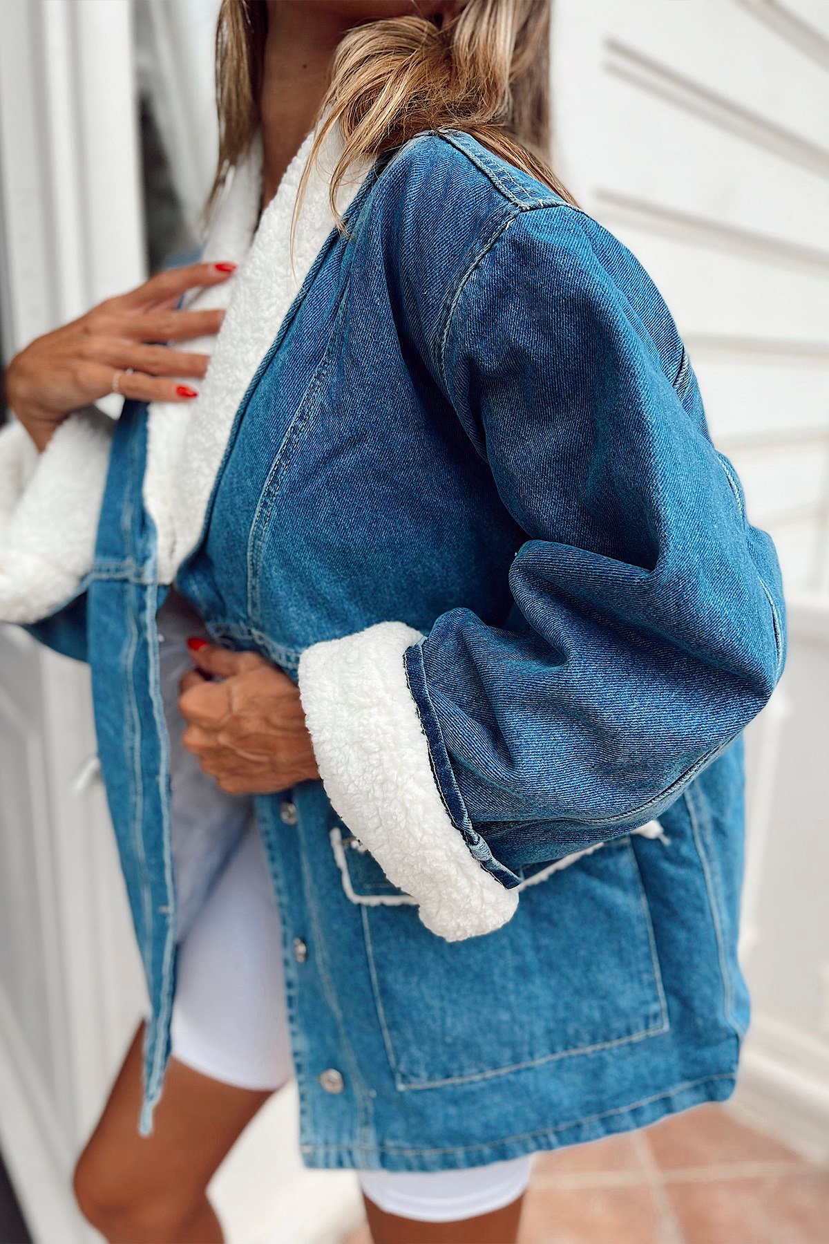 Kapitone İçli Yün Yaka Denim Ceket Mavi