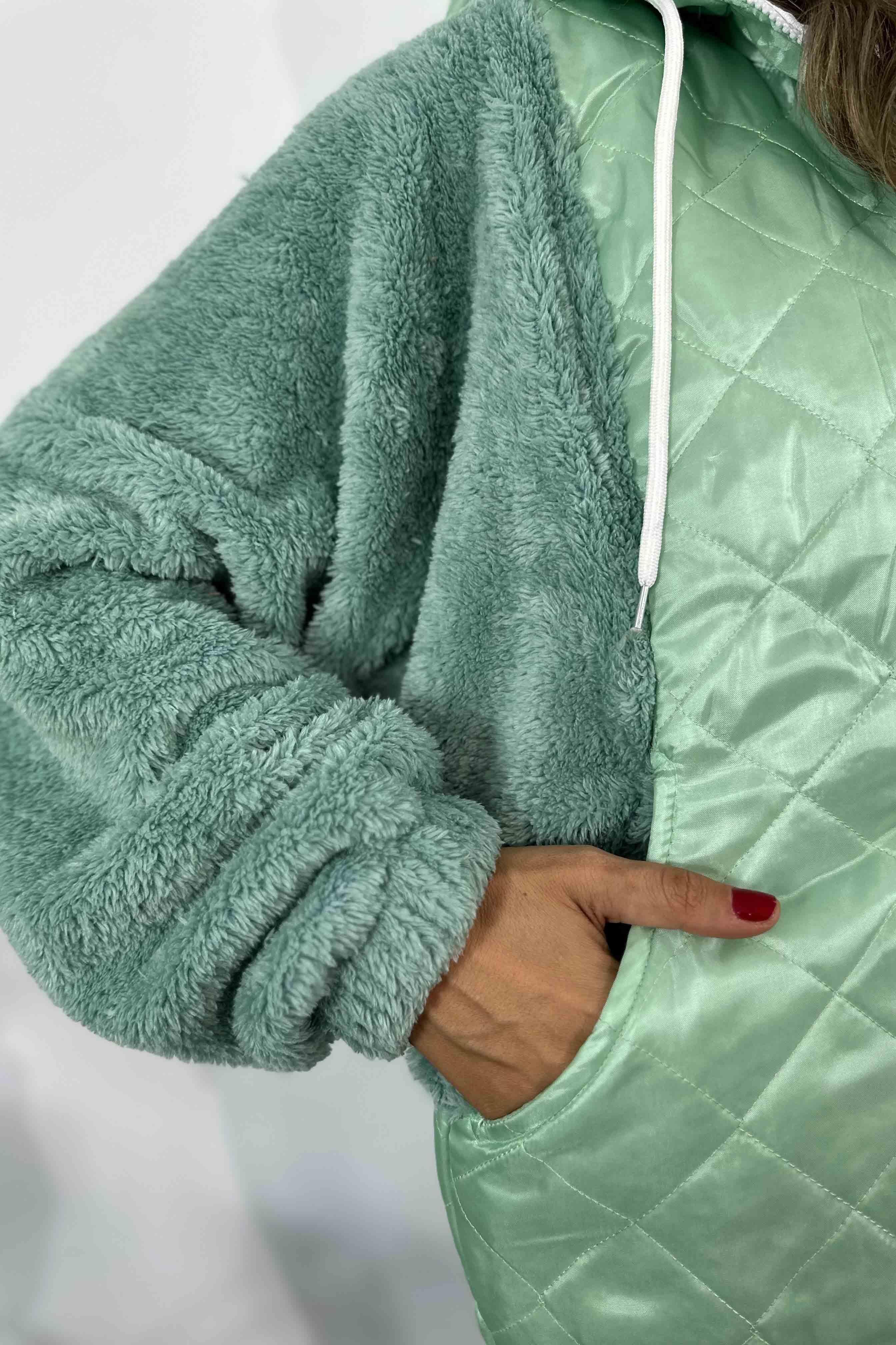 Kapüşonlu Kapitone Peluş Mont Mint