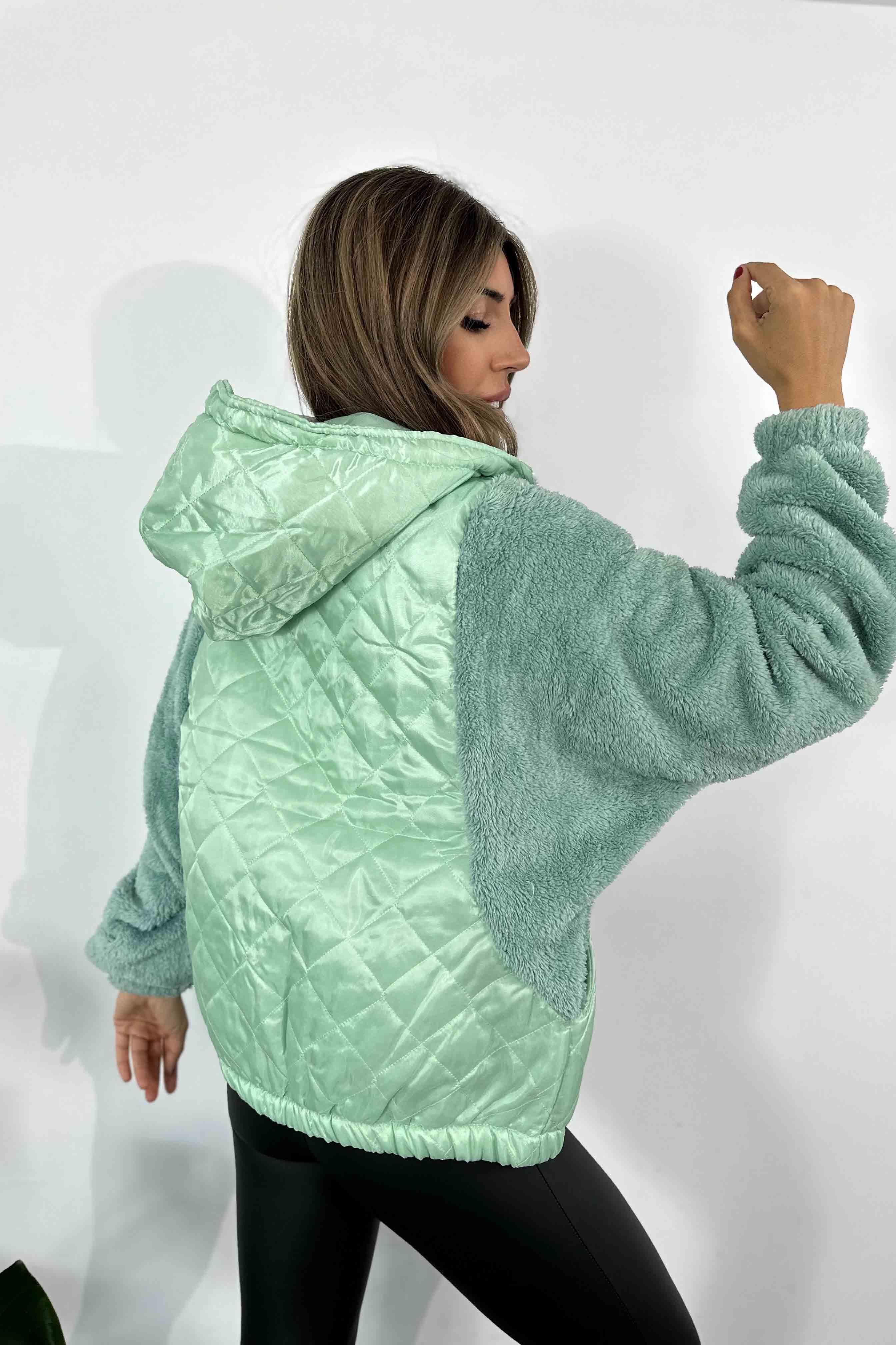 Kapüşonlu Kapitone Peluş Mont Mint