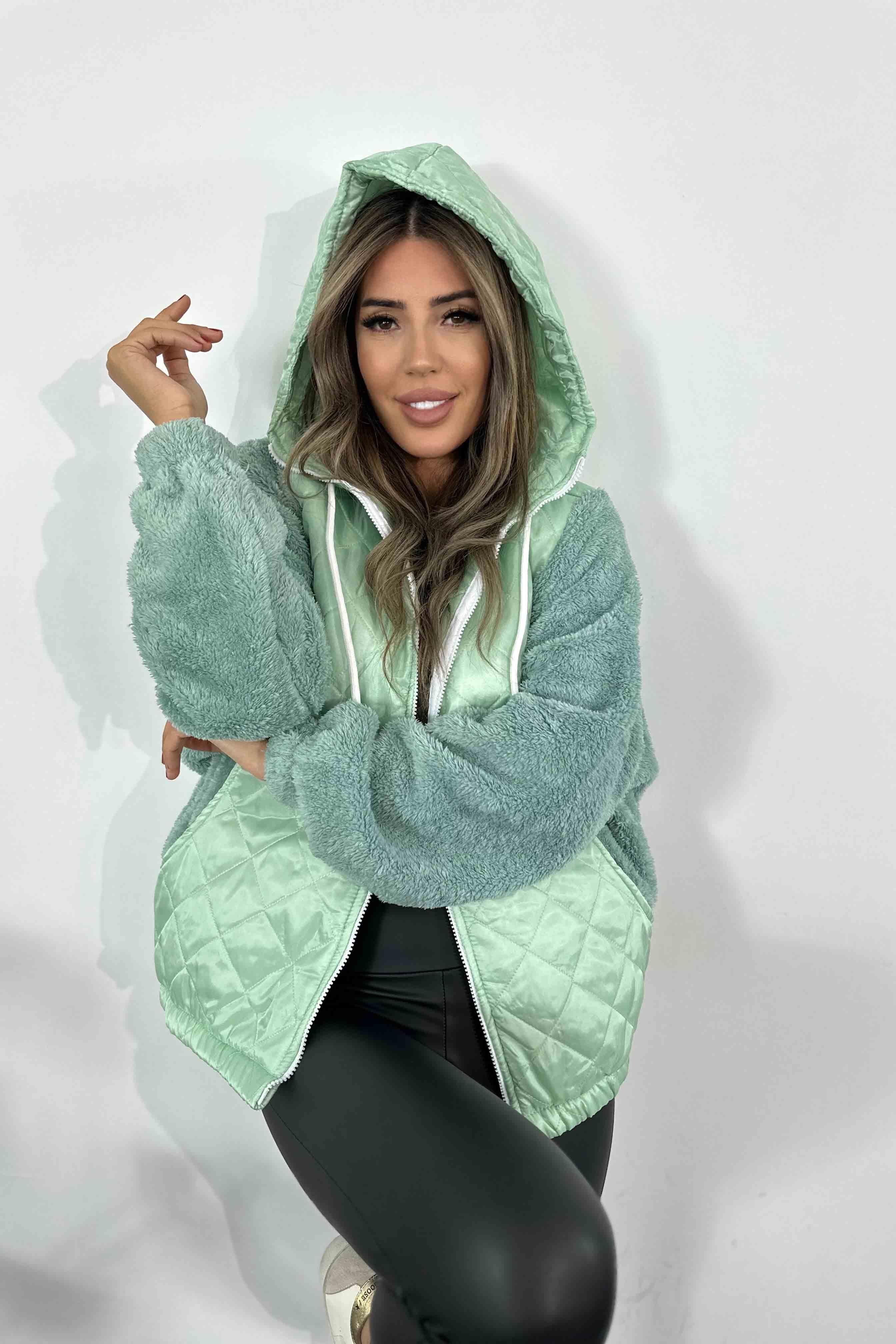 Kapüşonlu Kapitone Peluş Mont Mint