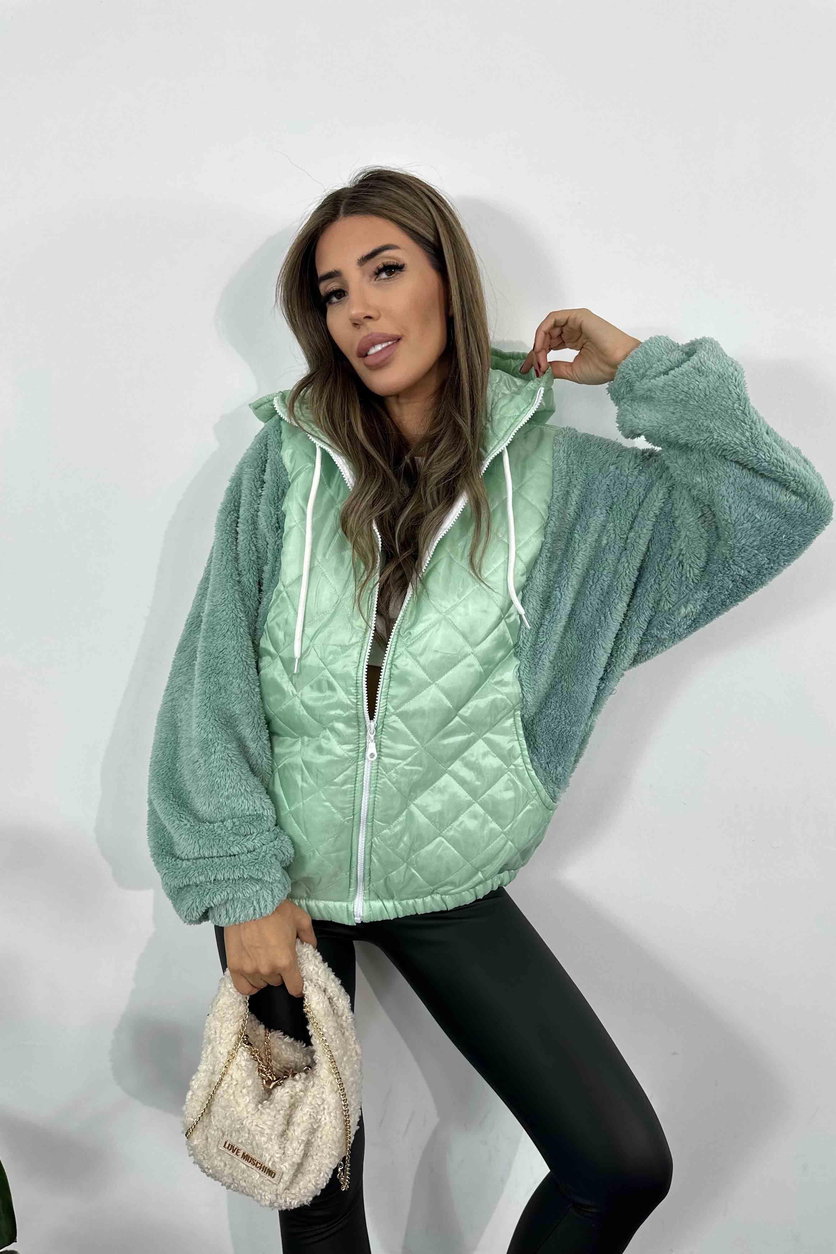Kapüşonlu Kapitone Peluş Mont Mint