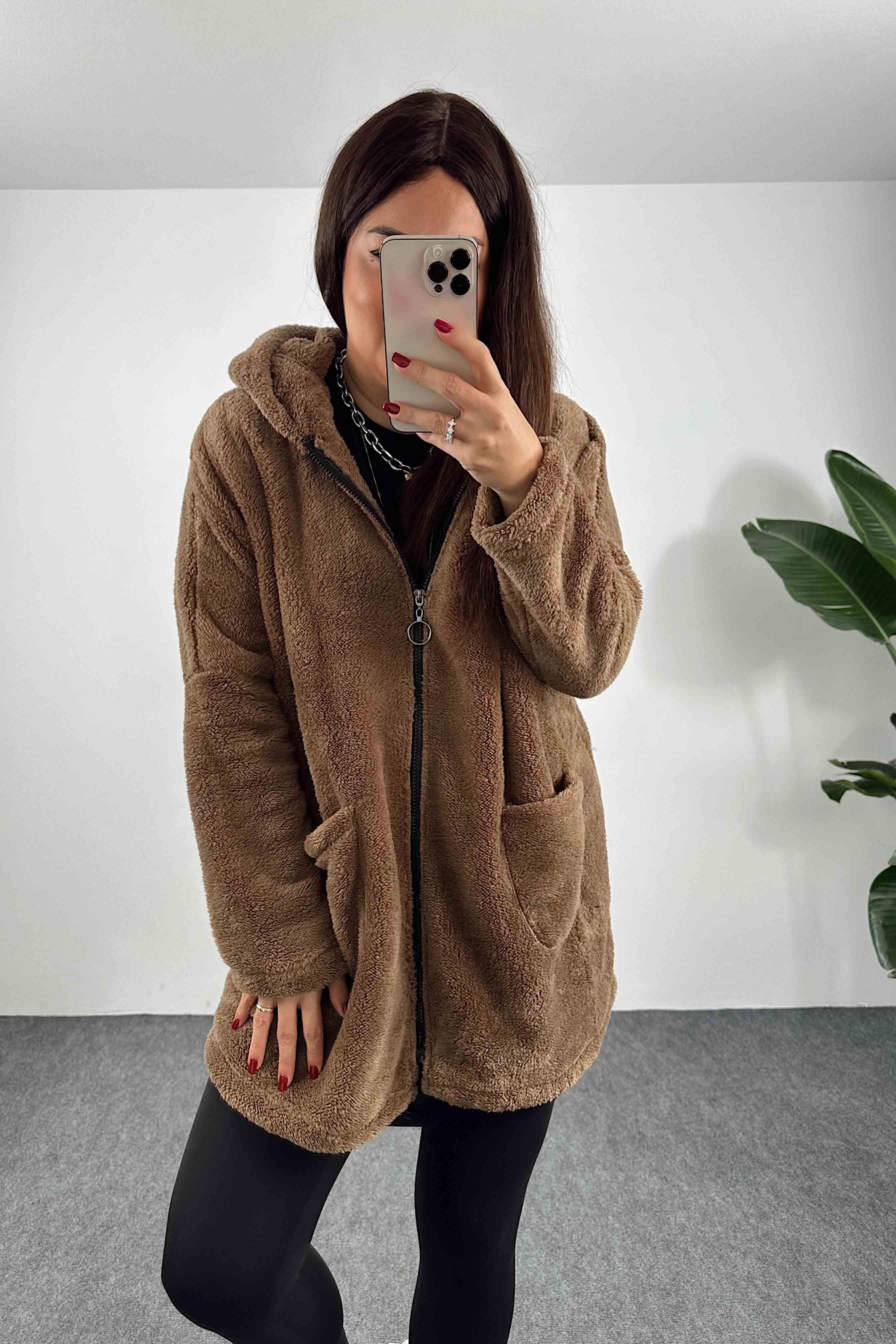 Kapüşonlu Oversize Peluş Mont Kahve