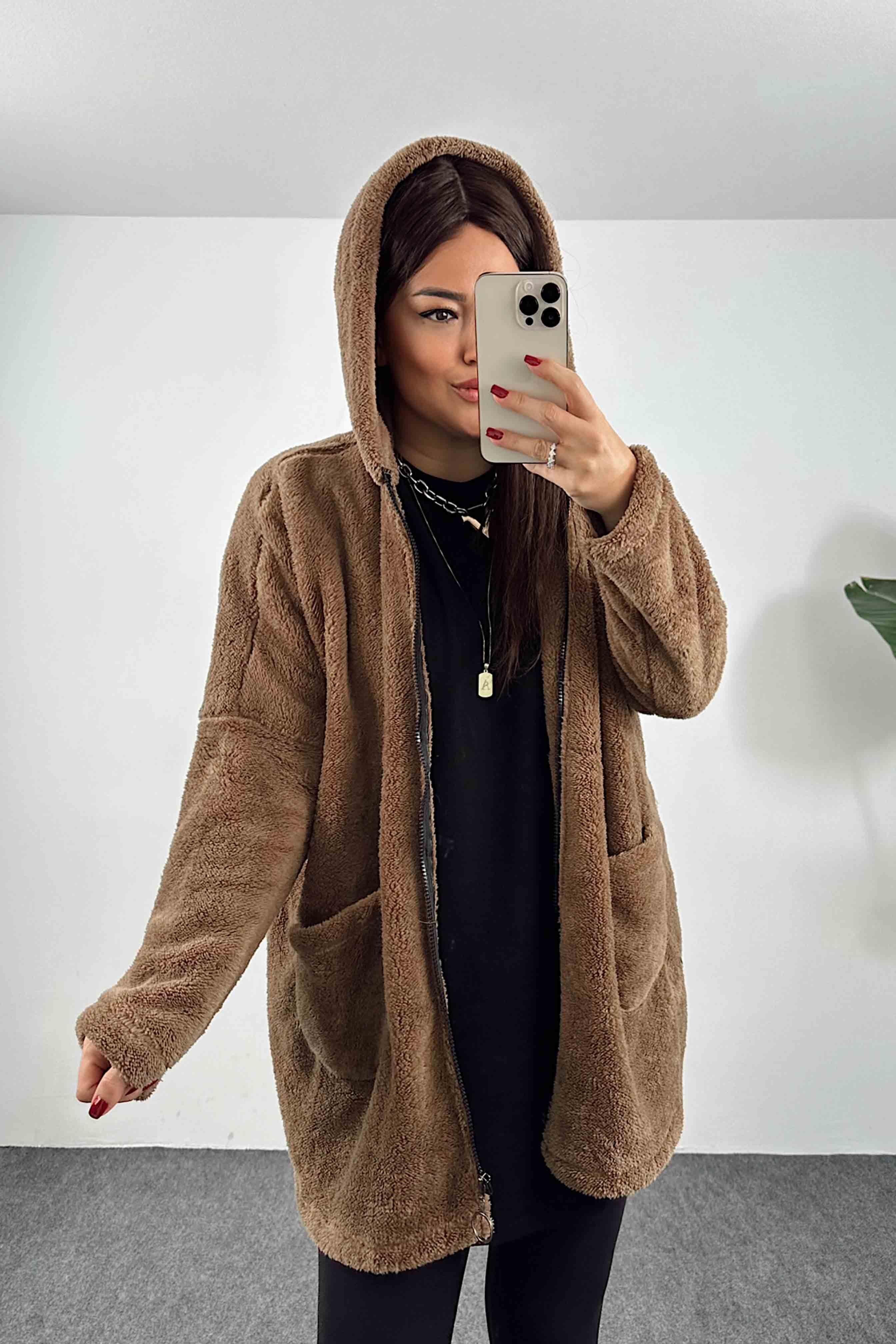 Kapüşonlu Oversize Peluş Mont Kahve