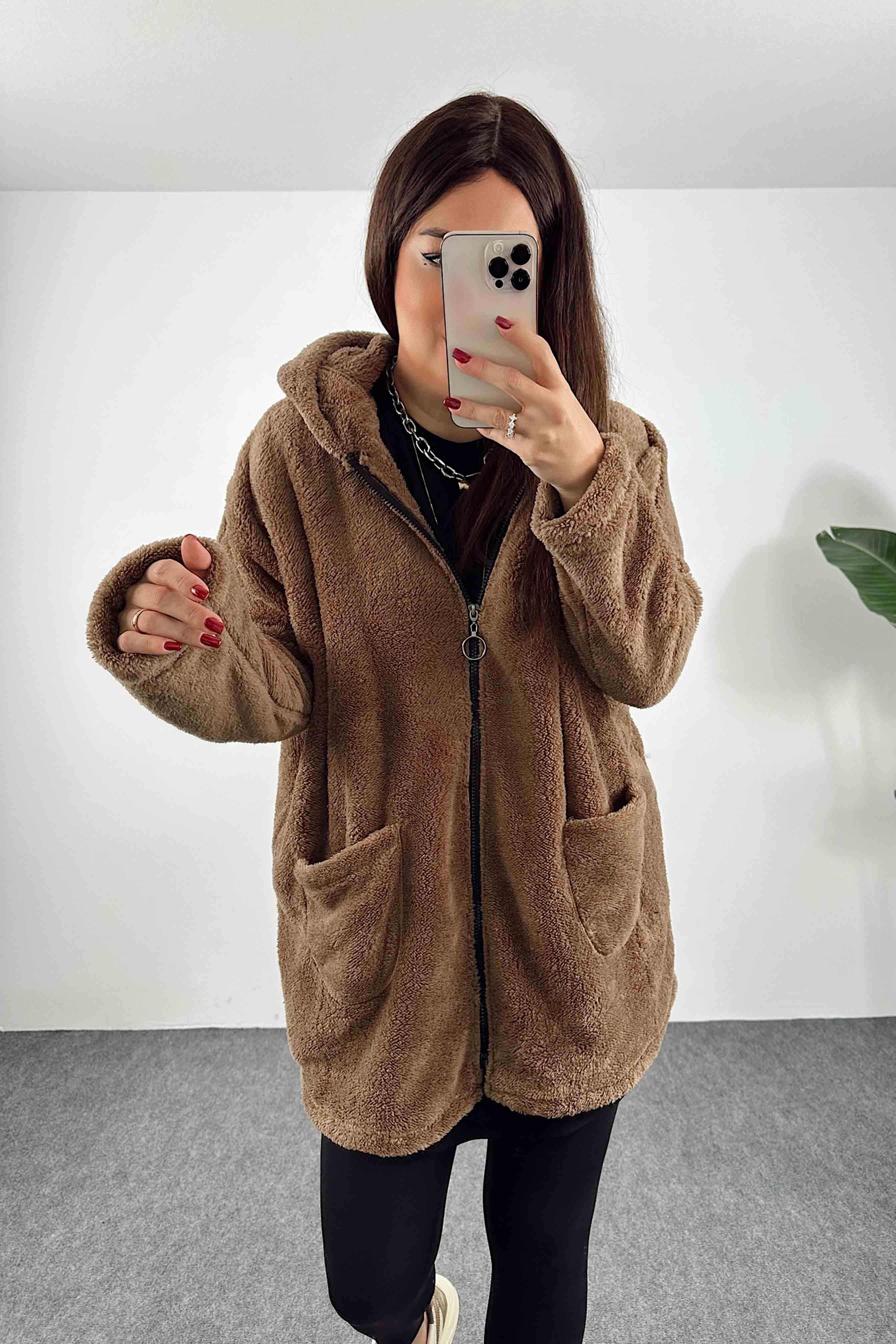 Kapüşonlu Oversize Peluş Mont Kahve