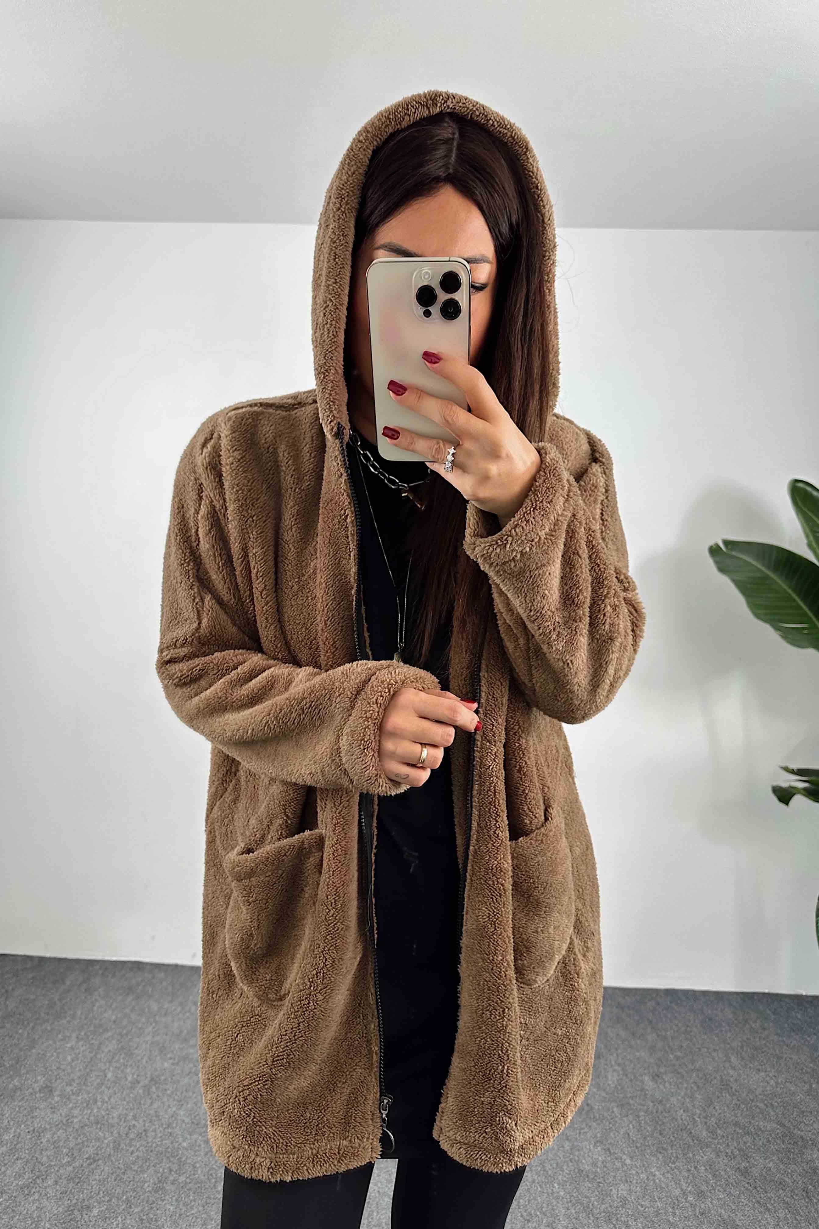 Kapüşonlu Oversize Peluş Mont Kahve