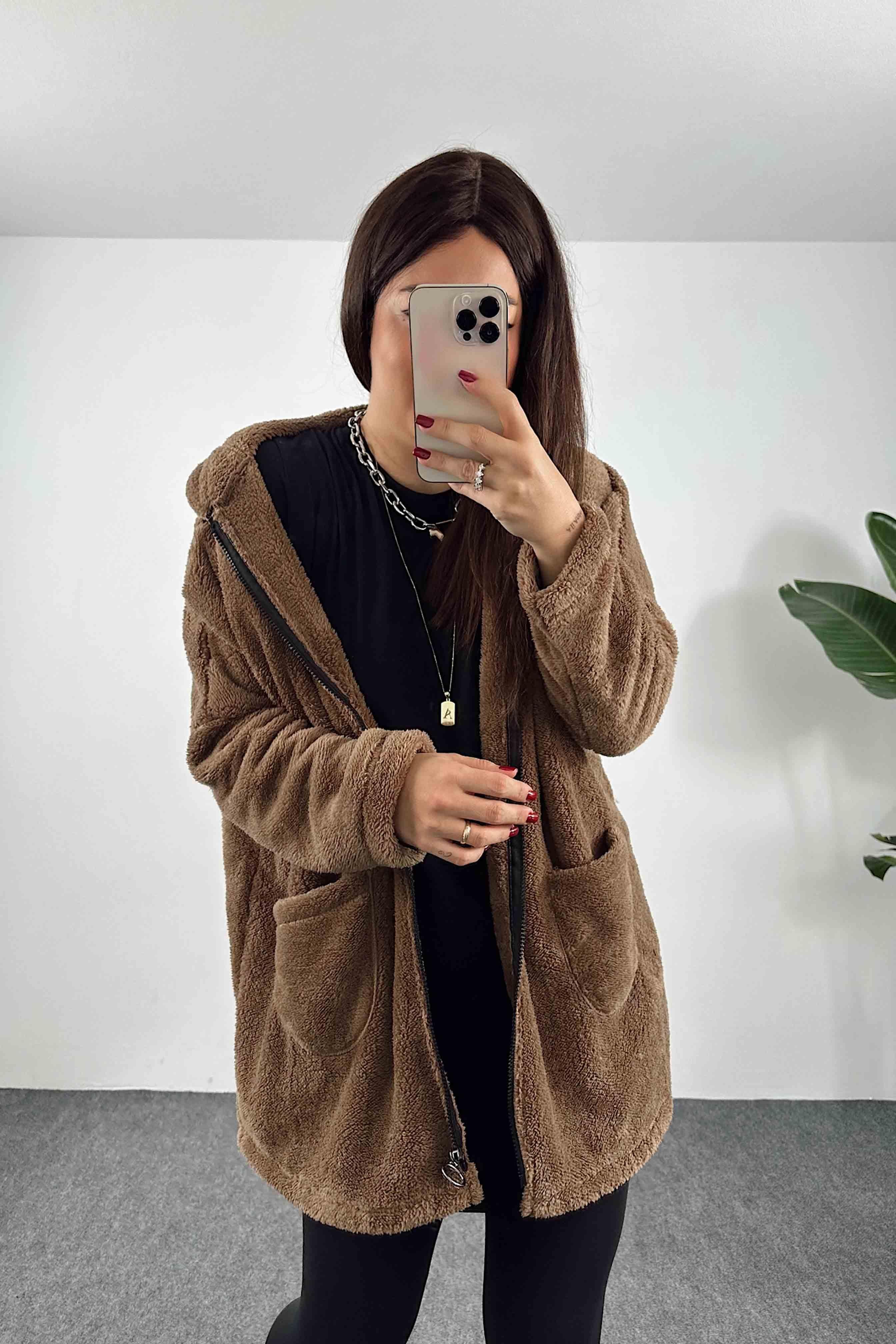 Kapüşonlu Oversize Peluş Mont Kahve