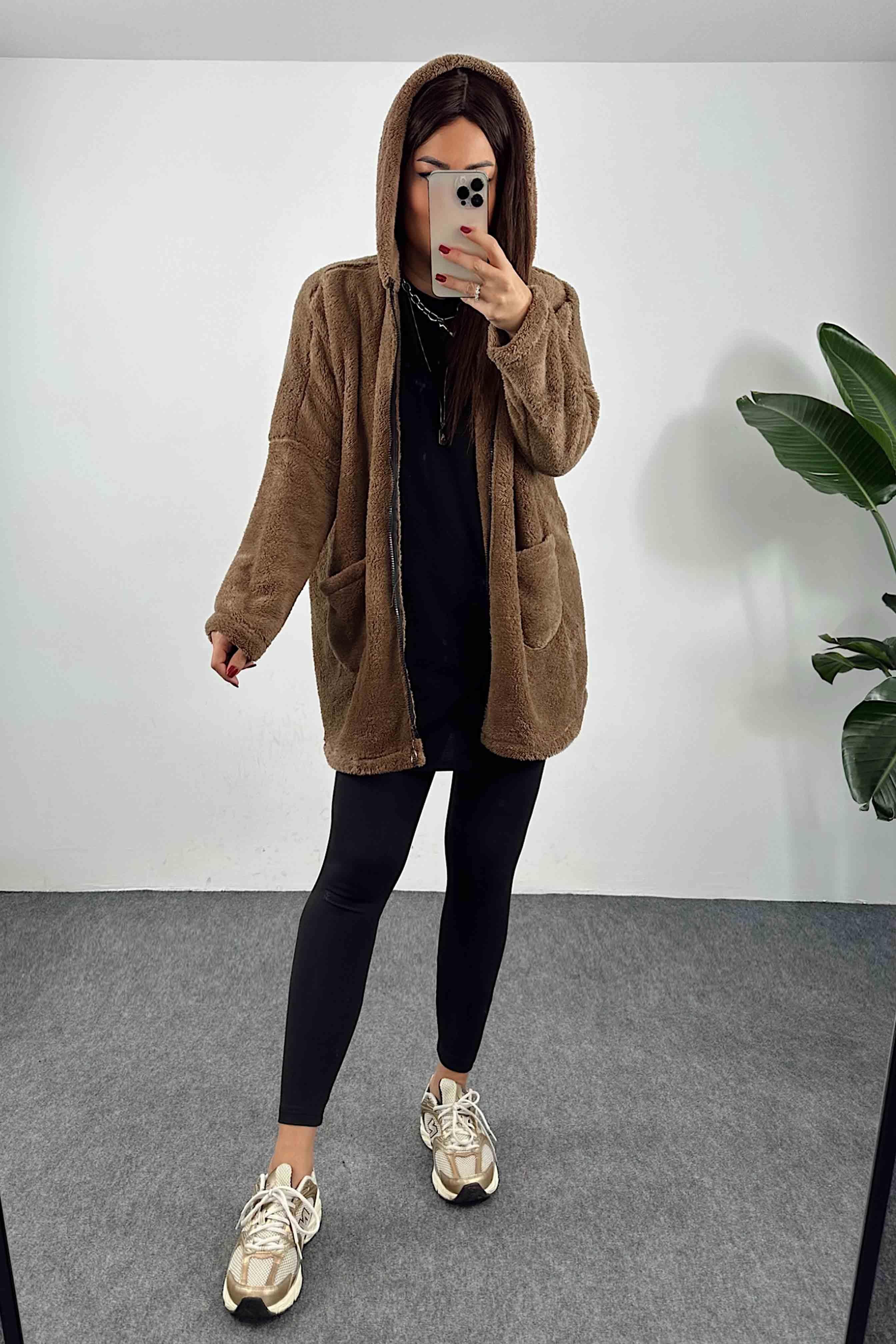 Kapüşonlu Oversize Peluş Mont Kahve