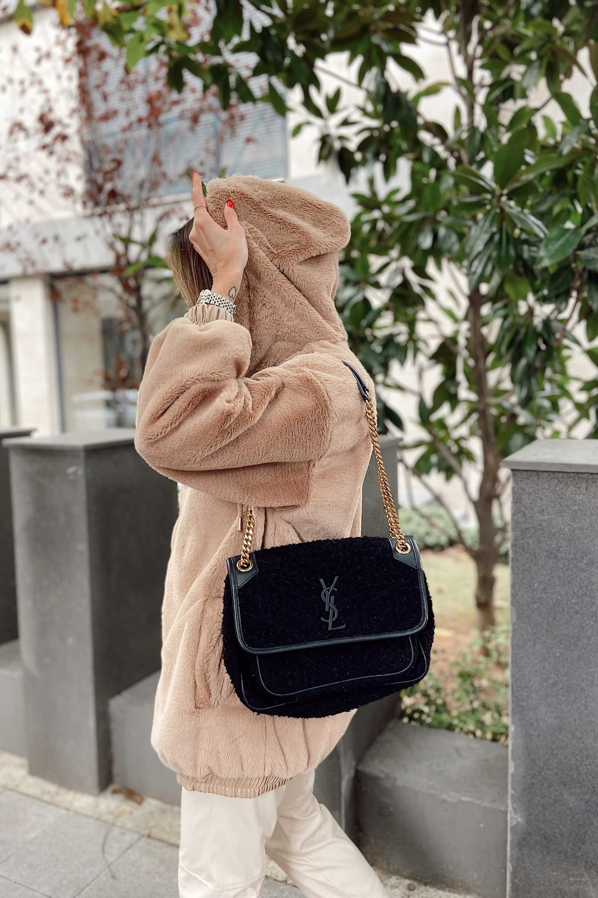 Kapüşonlu Peluş Mont Camel