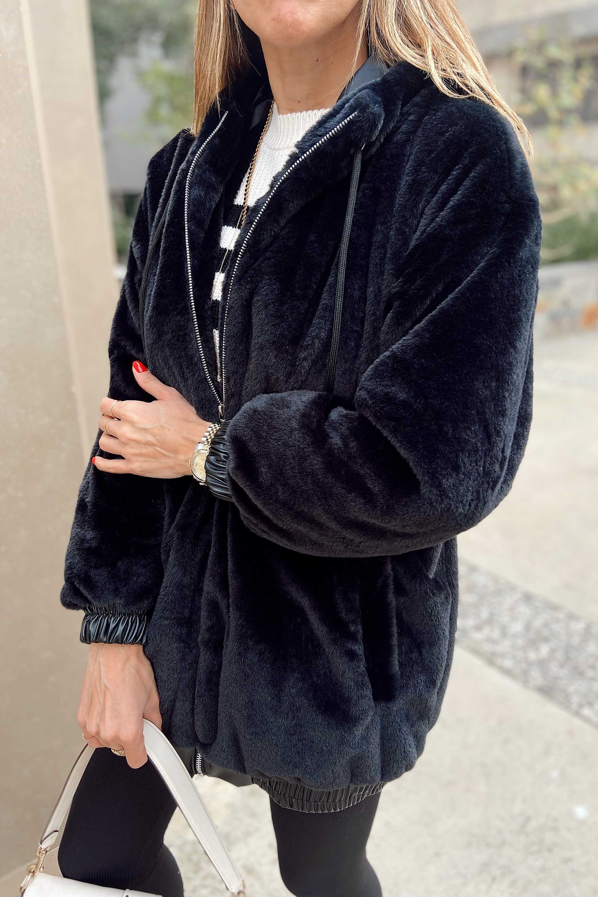 Kapüşonlu Peluş Mont Siyah
