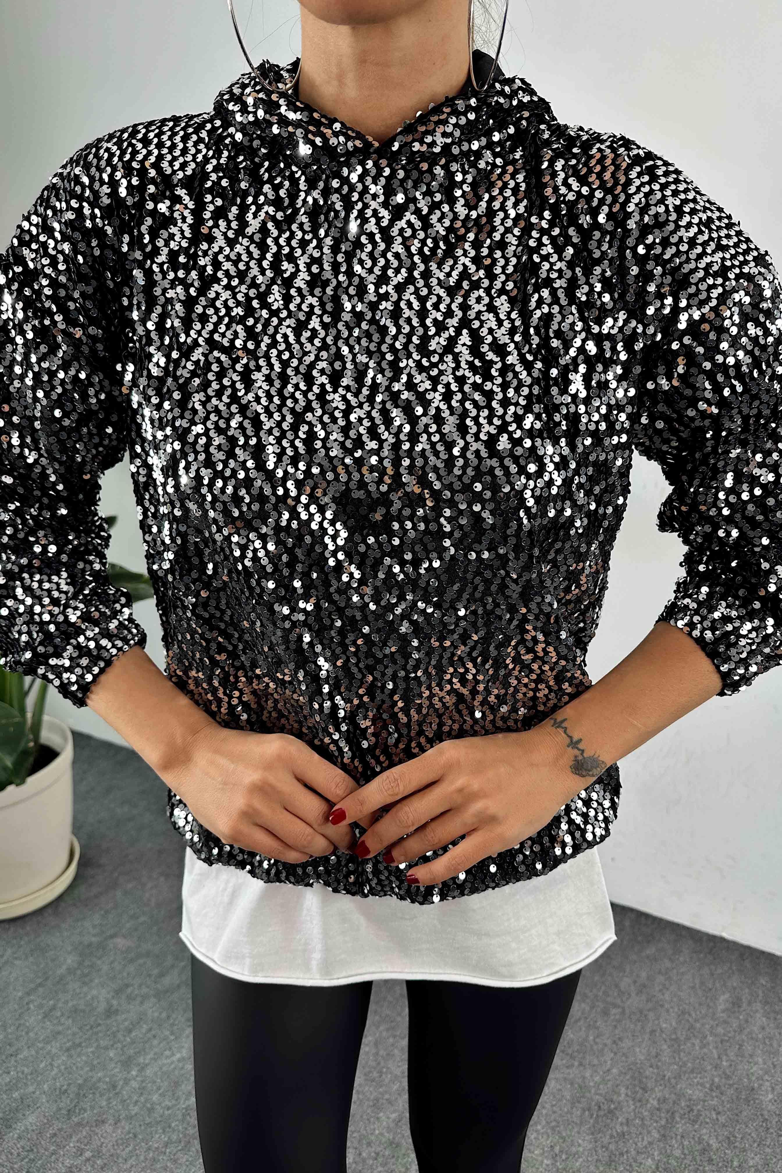 Kapüşonlu Pul Payetli Sweatshirt Antrasit