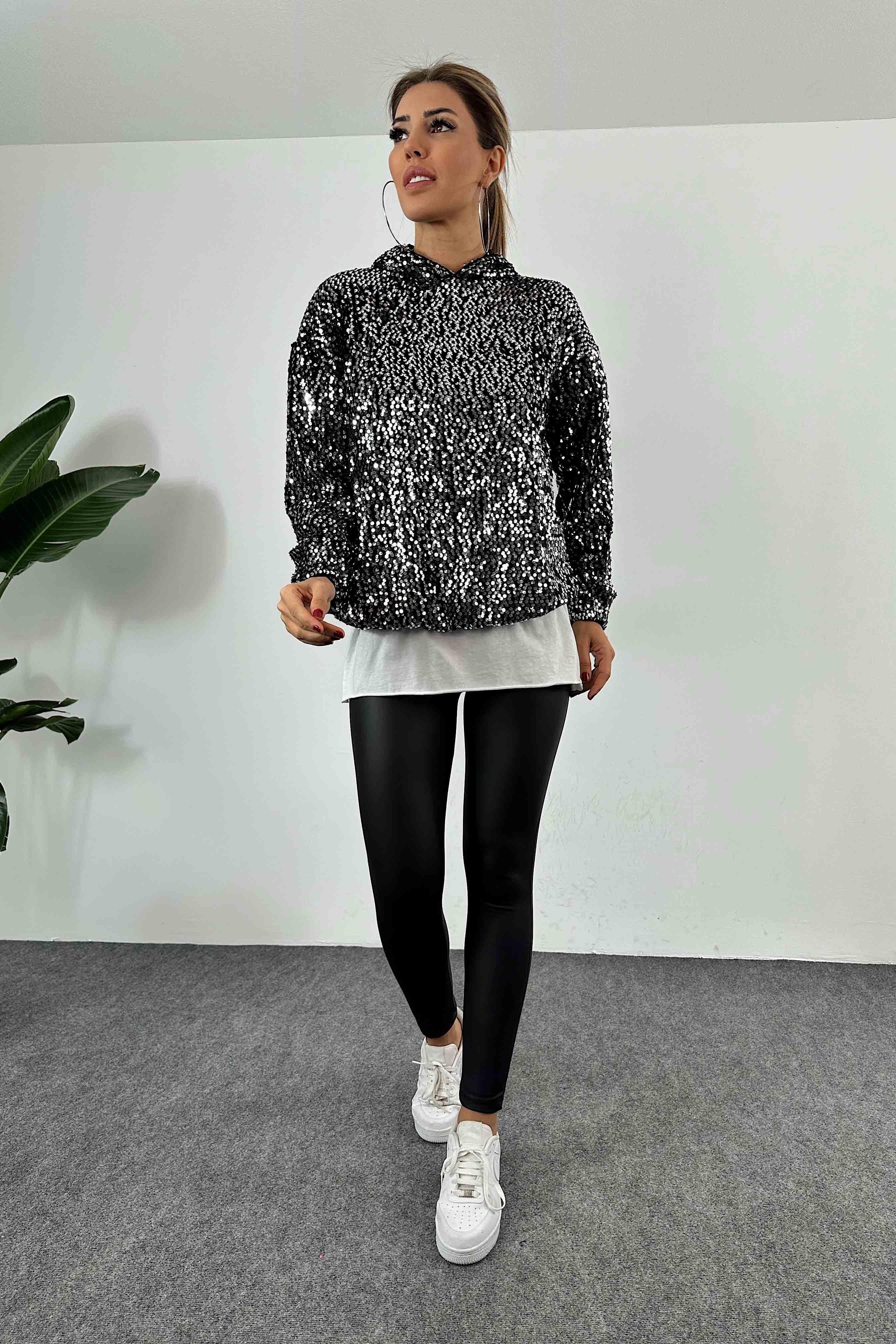 Kapüşonlu Pul Payetli Sweatshirt Antrasit