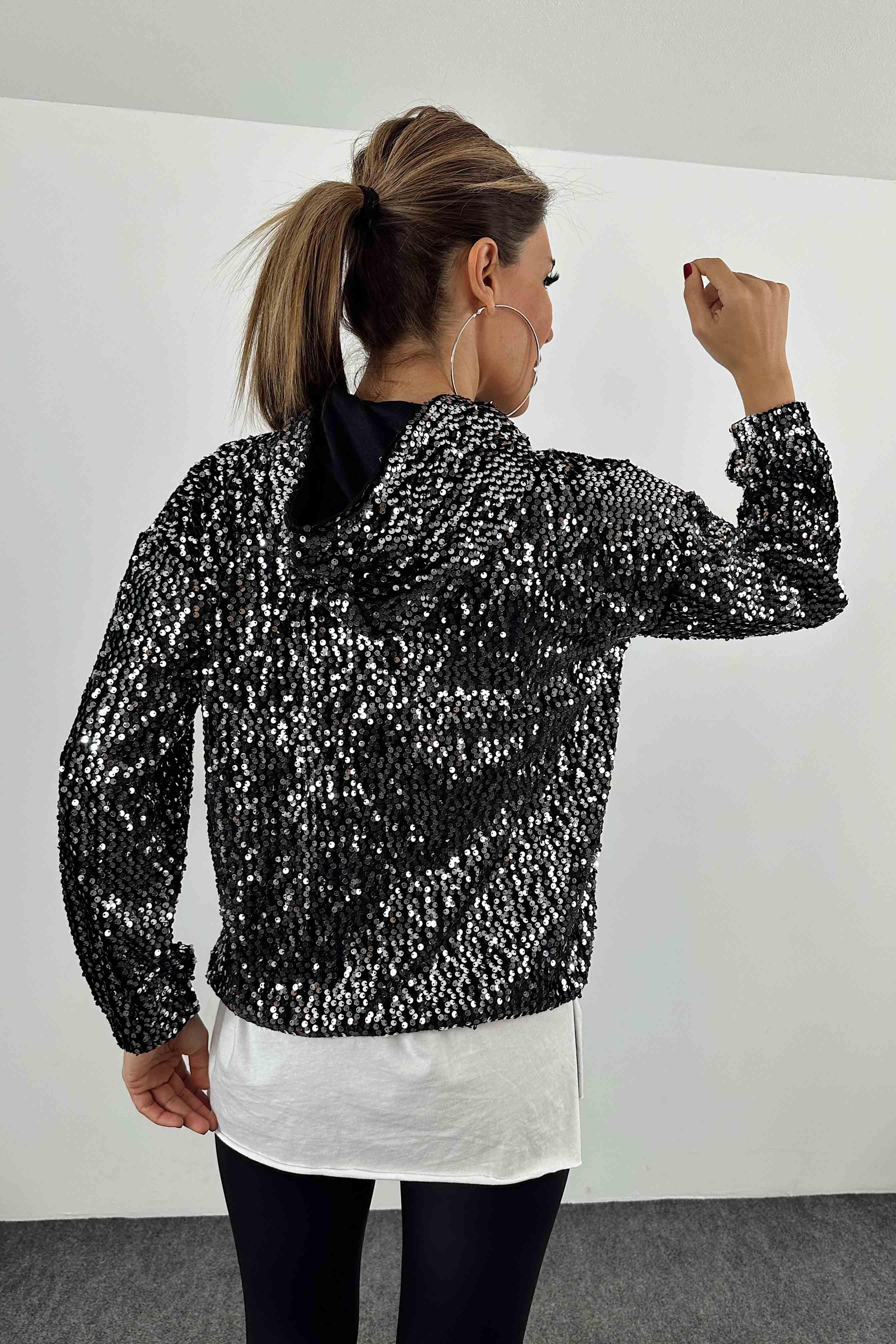 Kapüşonlu Pul Payetli Sweatshirt Antrasit