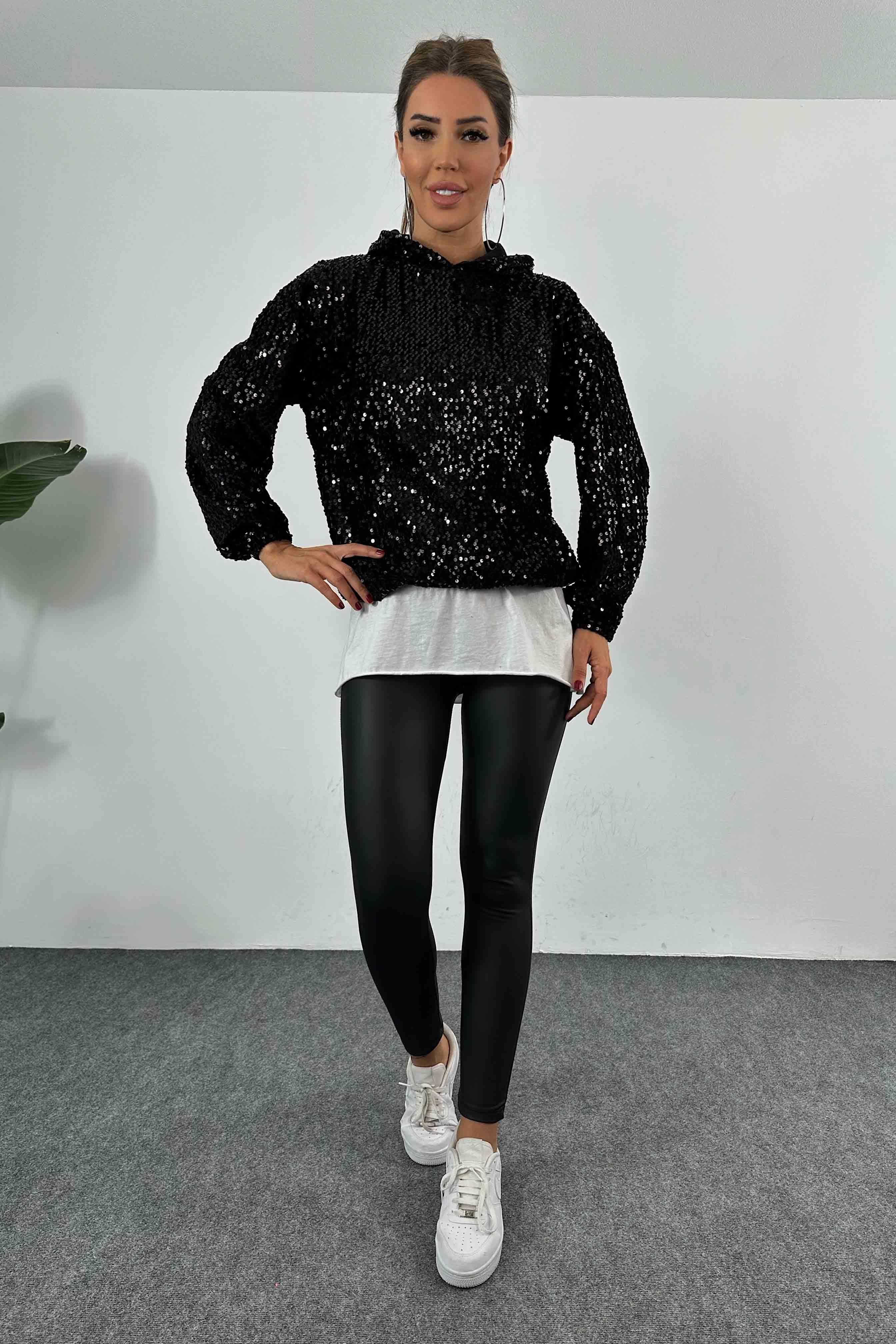 Kapüşonlu Pul Payetli Sweatshirt Siyah
