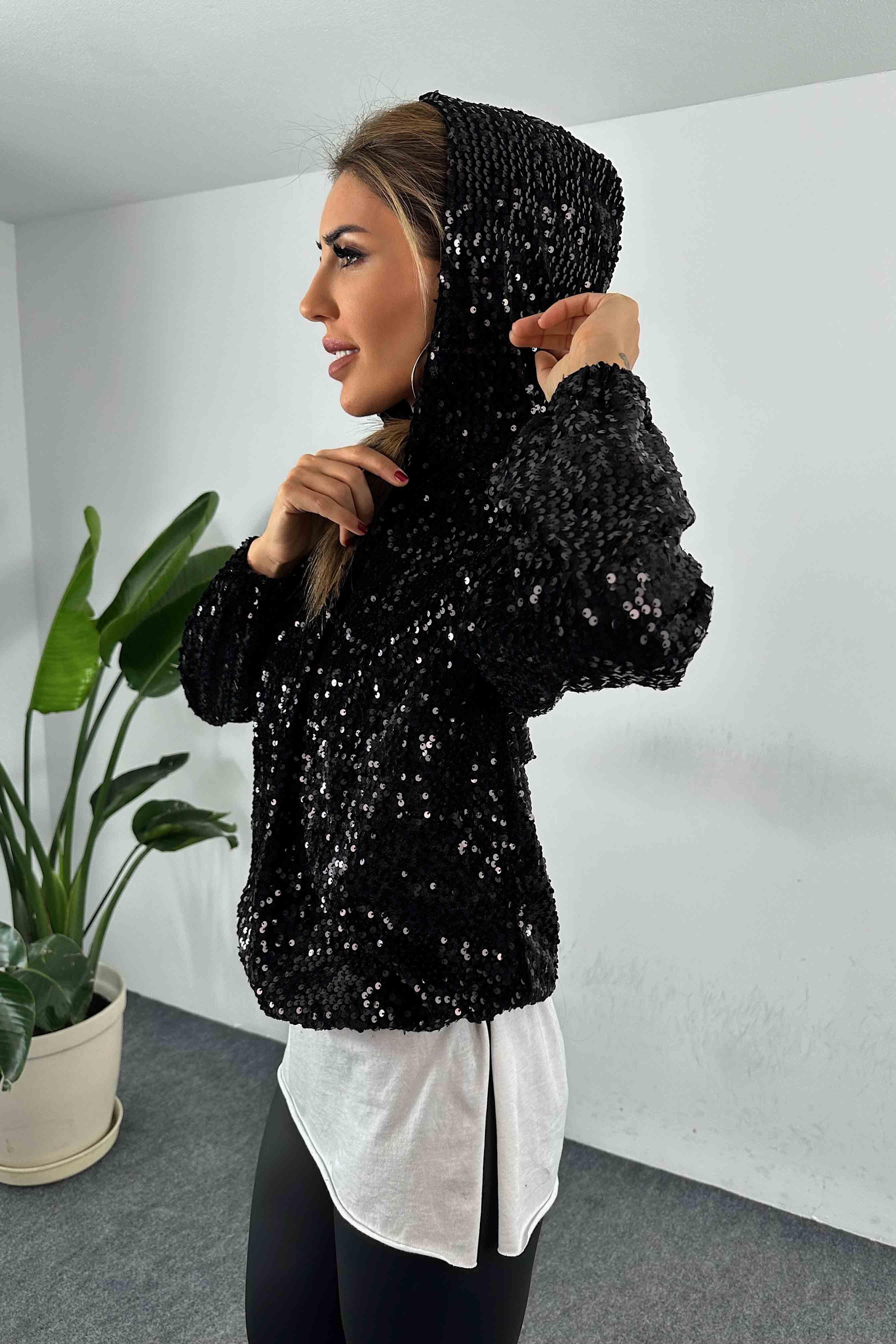 Kapüşonlu Pul Payetli Sweatshirt Siyah