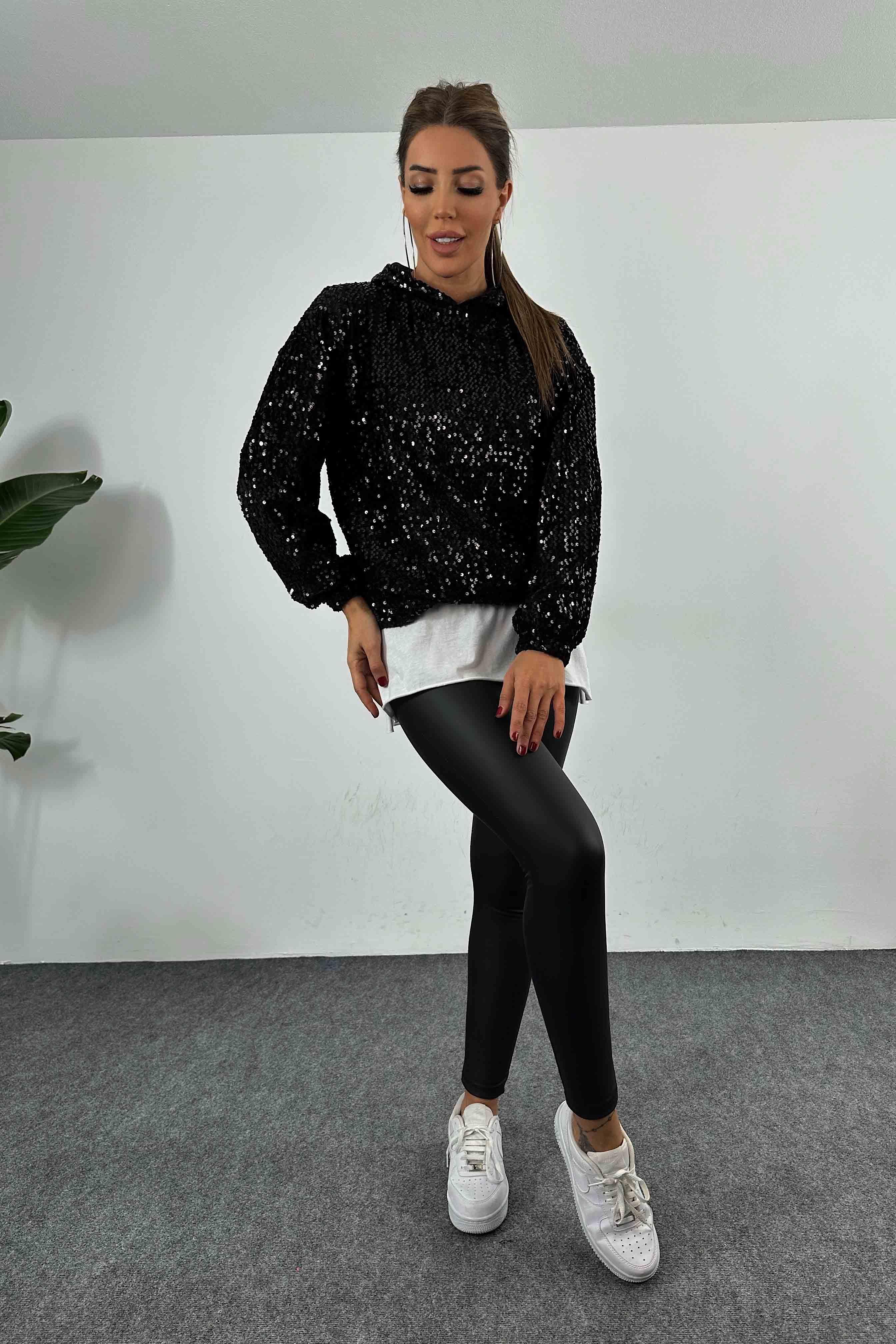 Kapüşonlu Pul Payetli Sweatshirt Siyah