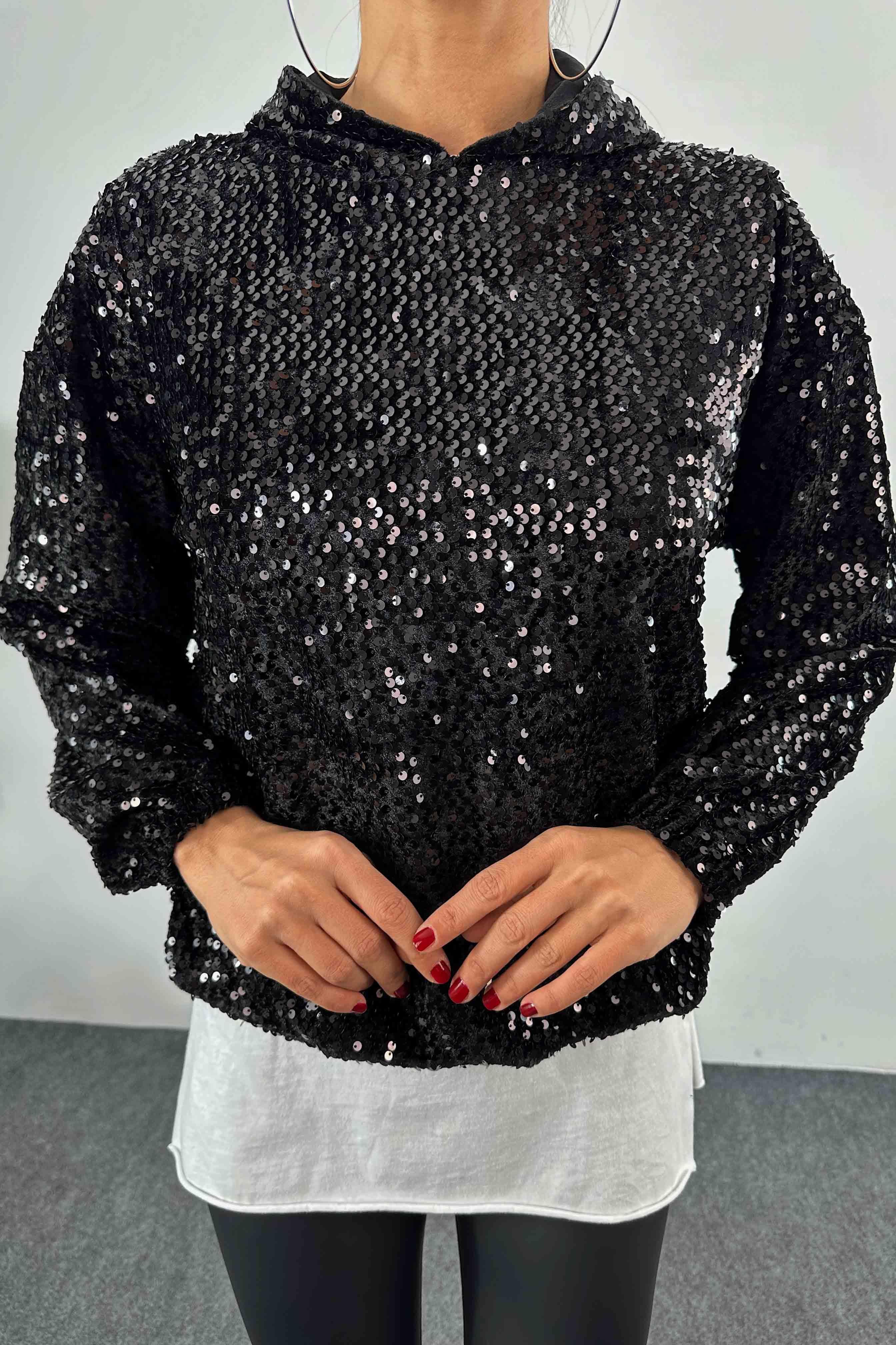 Kapüşonlu Pul Payetli Sweatshirt Siyah