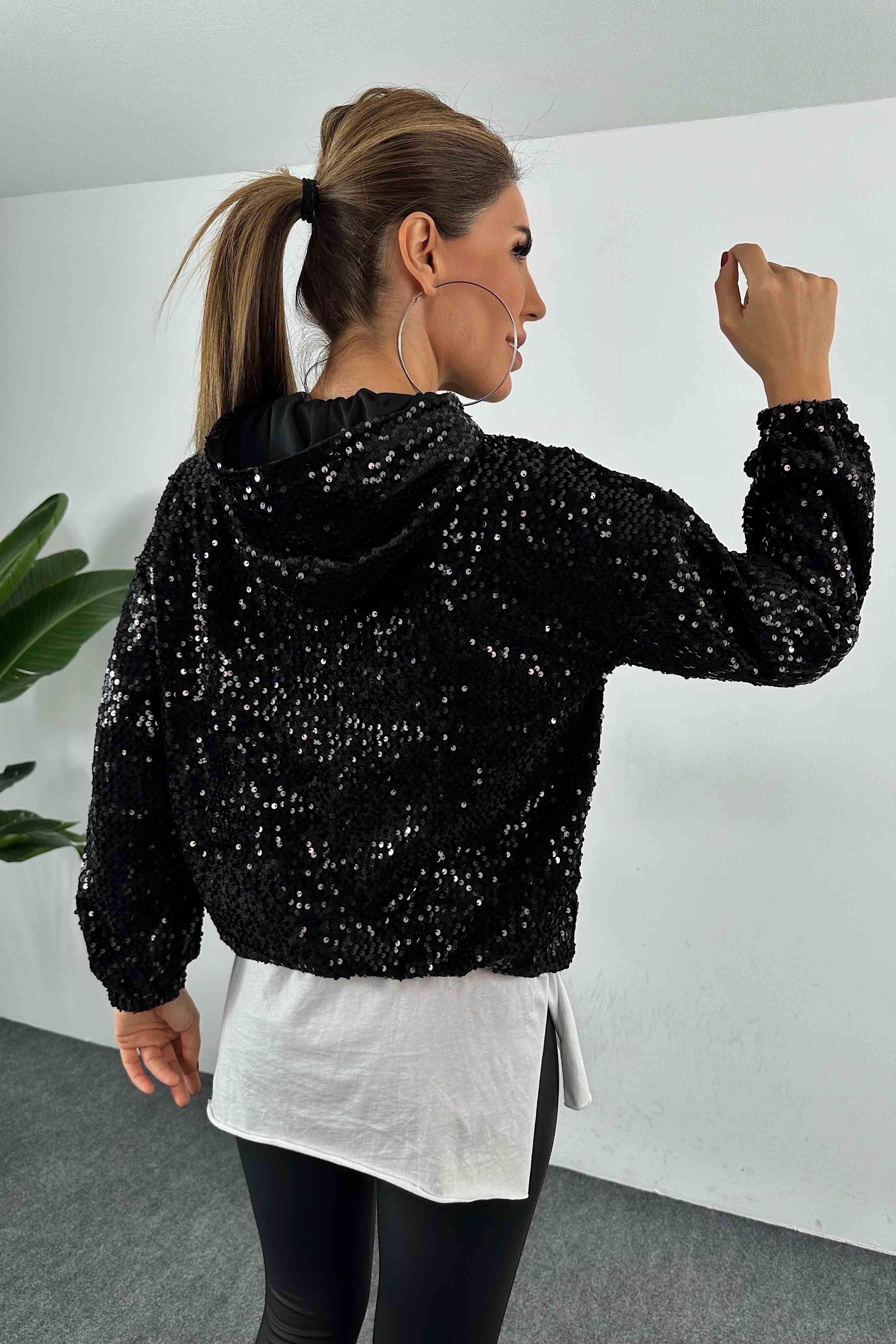 Kapüşonlu Pul Payetli Sweatshirt Siyah