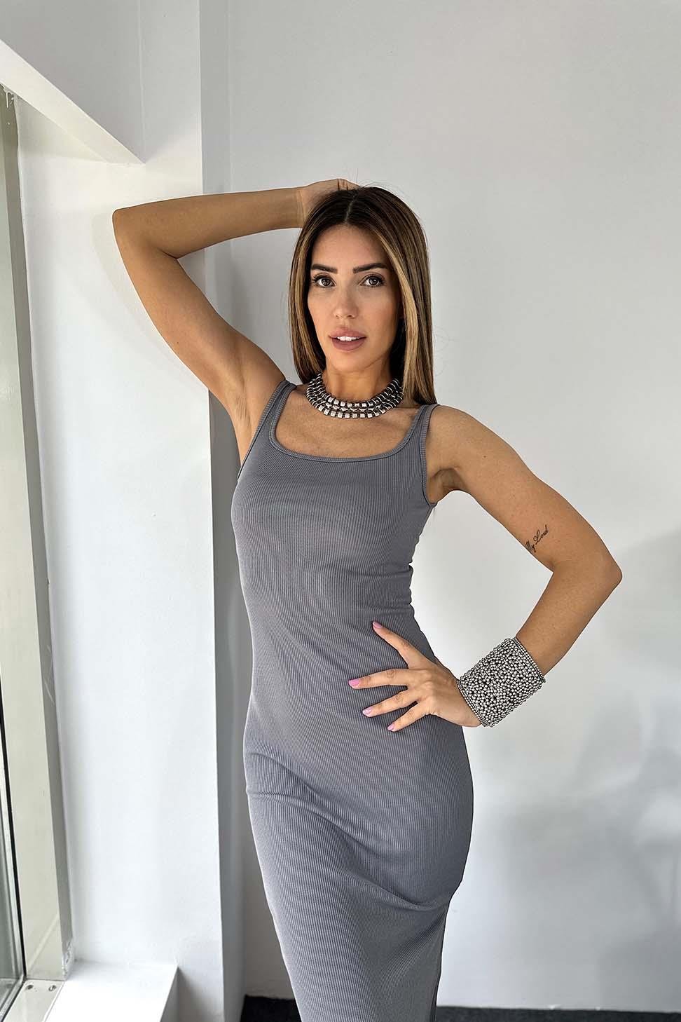 Kare Yaka Fitilli Yırtmaç Detaylı Elbise Antrasit