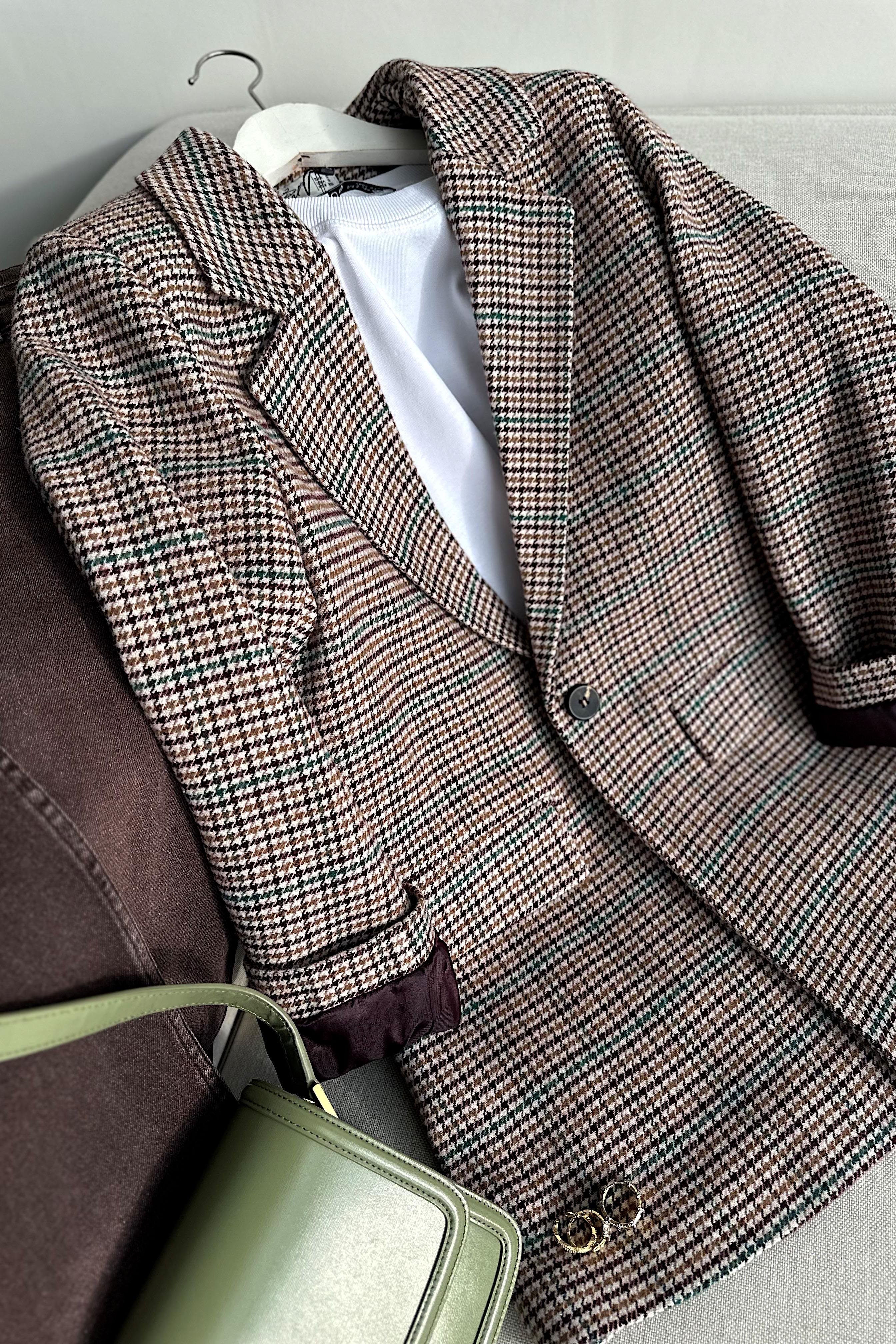Kareli Kaşe Tek Düğme Blazer Ceket Mürdüm